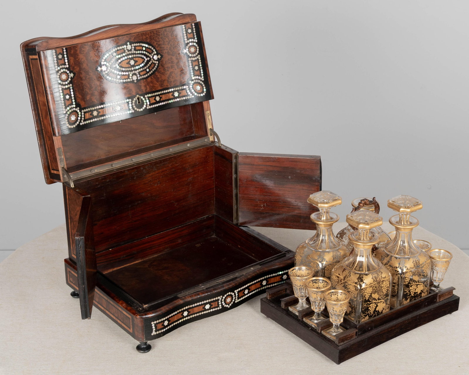 19th Century French Marquetry Tantalus Cordial Decanter Set - Set of 11 - 12