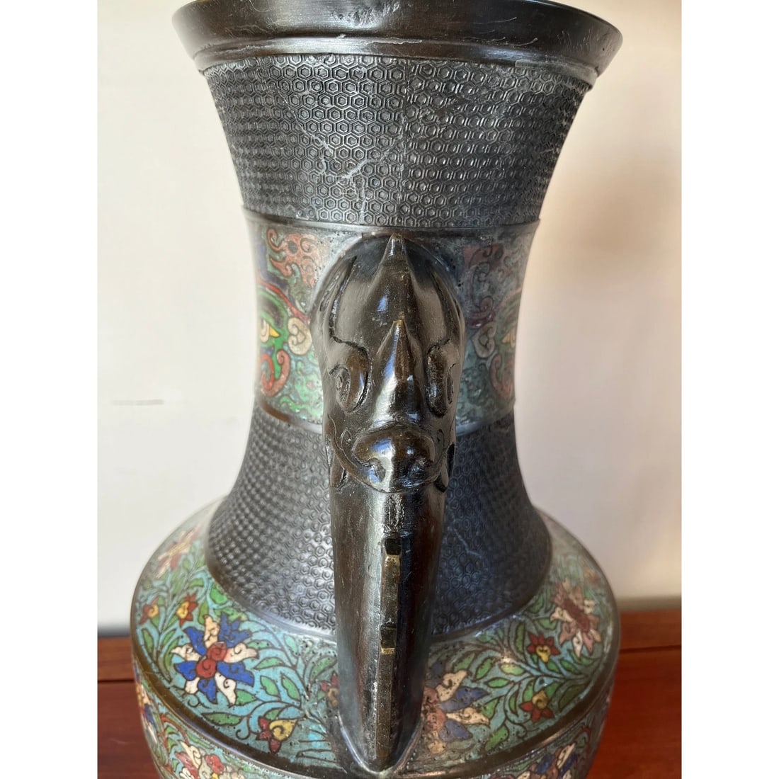 Large 42" Chinese CloisonnÃƒÂ© & Bronze Taotie Hu Vase Table Lamp - 10