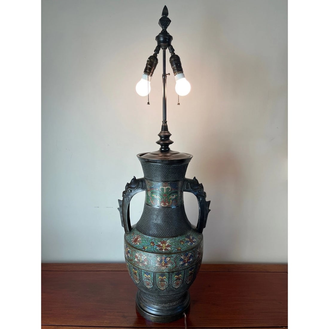 Large 42" Chinese CloisonnÃƒÂ© & Bronze Taotie Hu Vase Table Lamp - 11