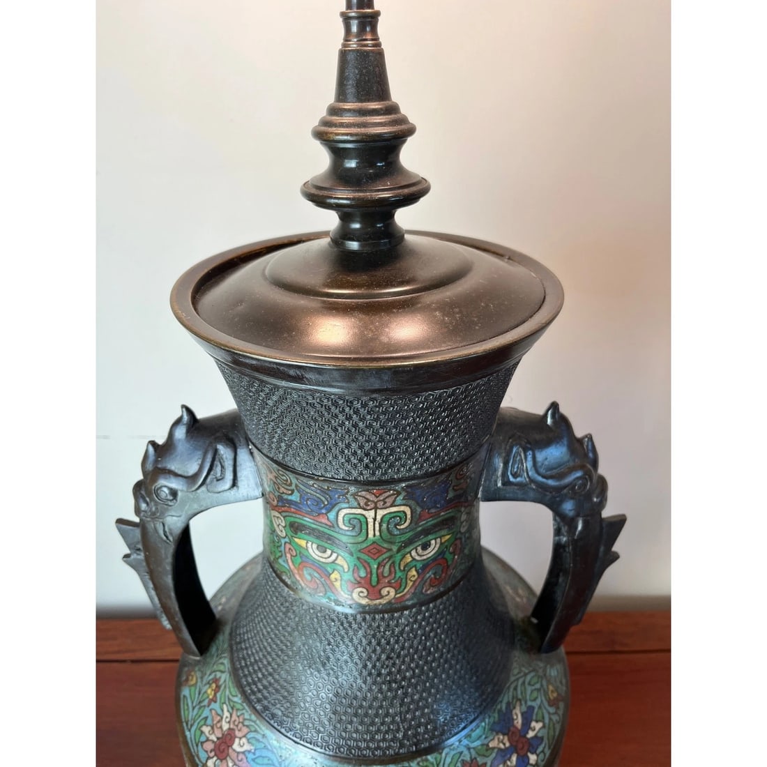 Large 42" Chinese CloisonnÃƒÂ© & Bronze Taotie Hu Vase Table Lamp - 12