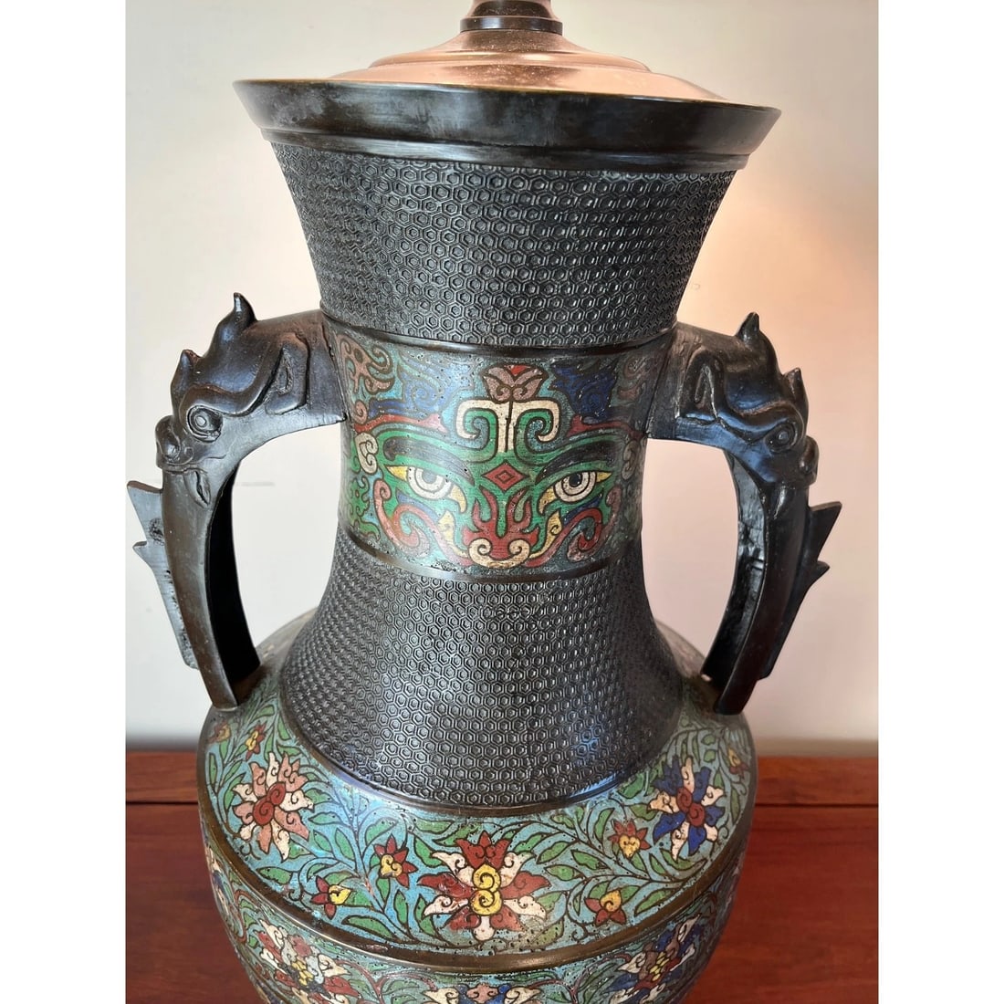 Large 42" Chinese CloisonnÃƒÂ© & Bronze Taotie Hu Vase Table Lamp - 14