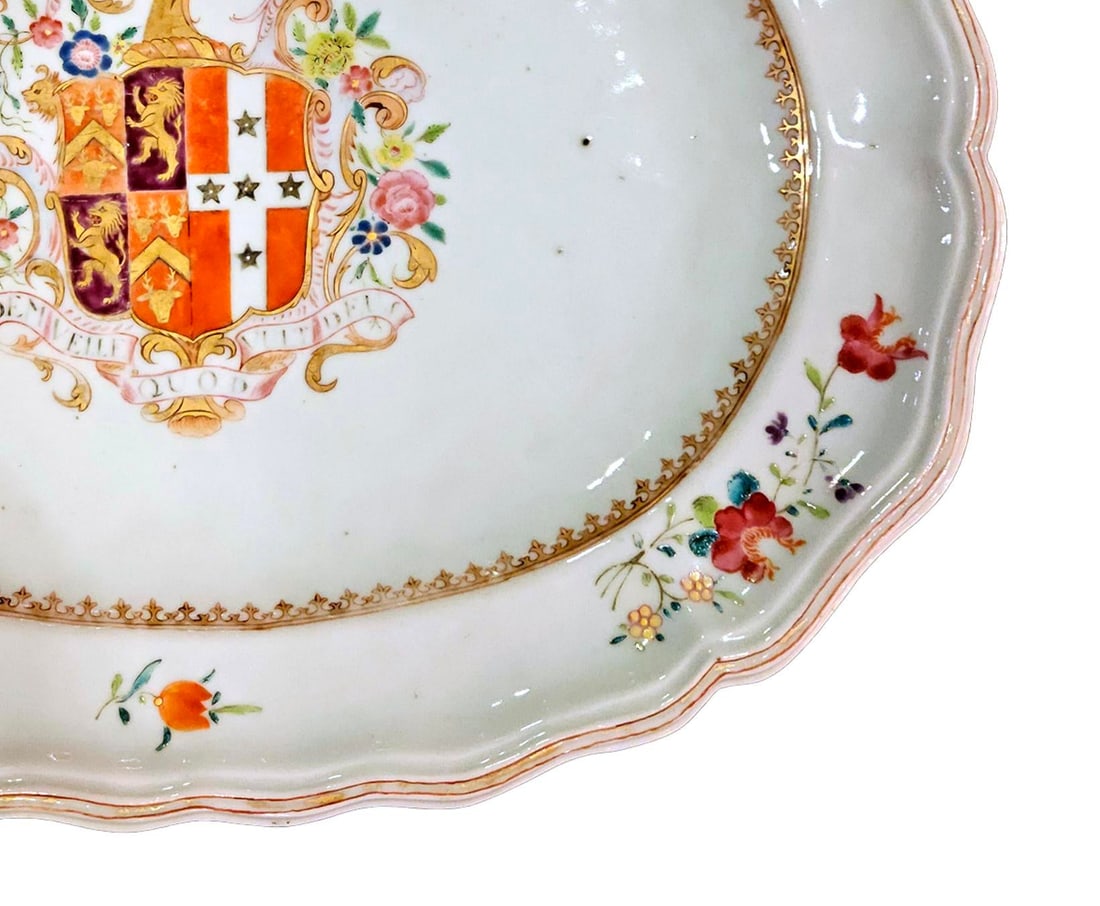 Mid 18th Century Chinese Export Porcelain Armorial Dish Arms of Hugget Quarterly Impaling Randolph - 5