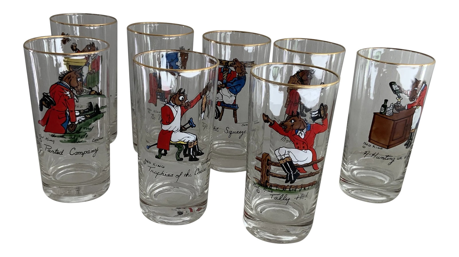 Vintage Ned King for Carwin Gilt-Rimmed Humorous Equestrian Highball Glasses - Set of 8: Great set of hiball glasses to entertain your friends. Each glass features a unique image of a horse with a unique caption, e.g., "Tally Ho!," "Parted Company," "Trophies of the Chase," "Tight