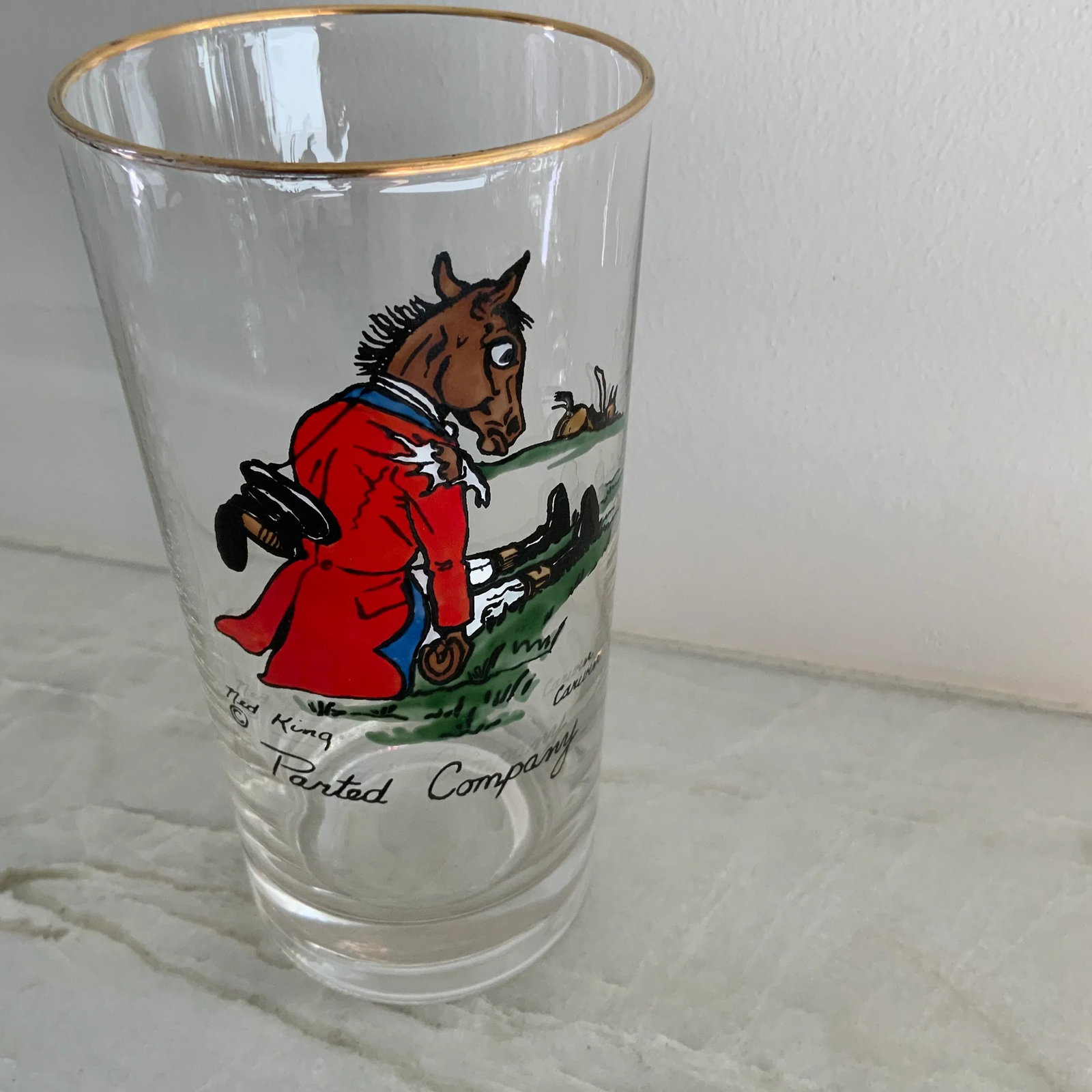 Vintage Ned King for Carwin Gilt-Rimmed Humorous Equestrian Highball Glasses - Set of 8 - 6
