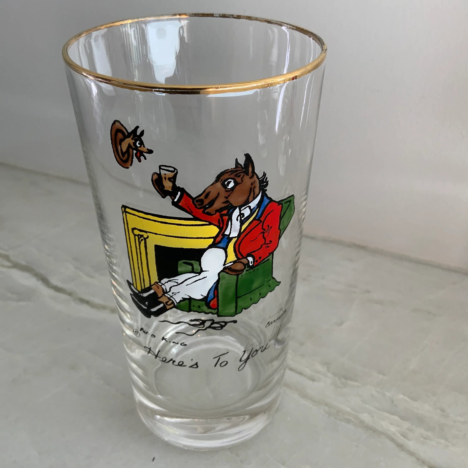 Vintage Ned King for Carwin Gilt-Rimmed Humorous Equestrian Highball Glasses - Set of 8 - 7