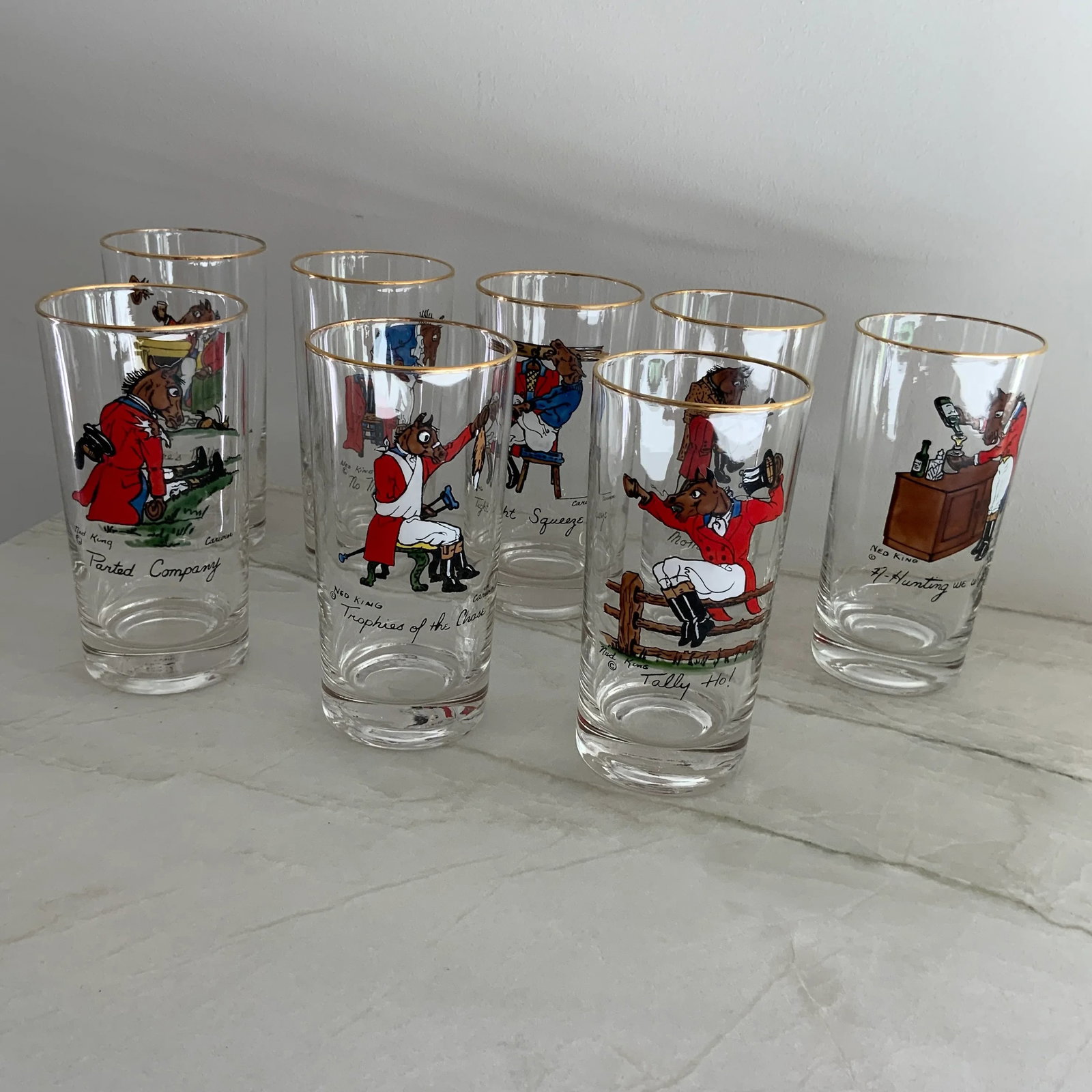 Vintage Ned King for Carwin Gilt-Rimmed Humorous Equestrian Highball Glasses - Set of 8 - 8