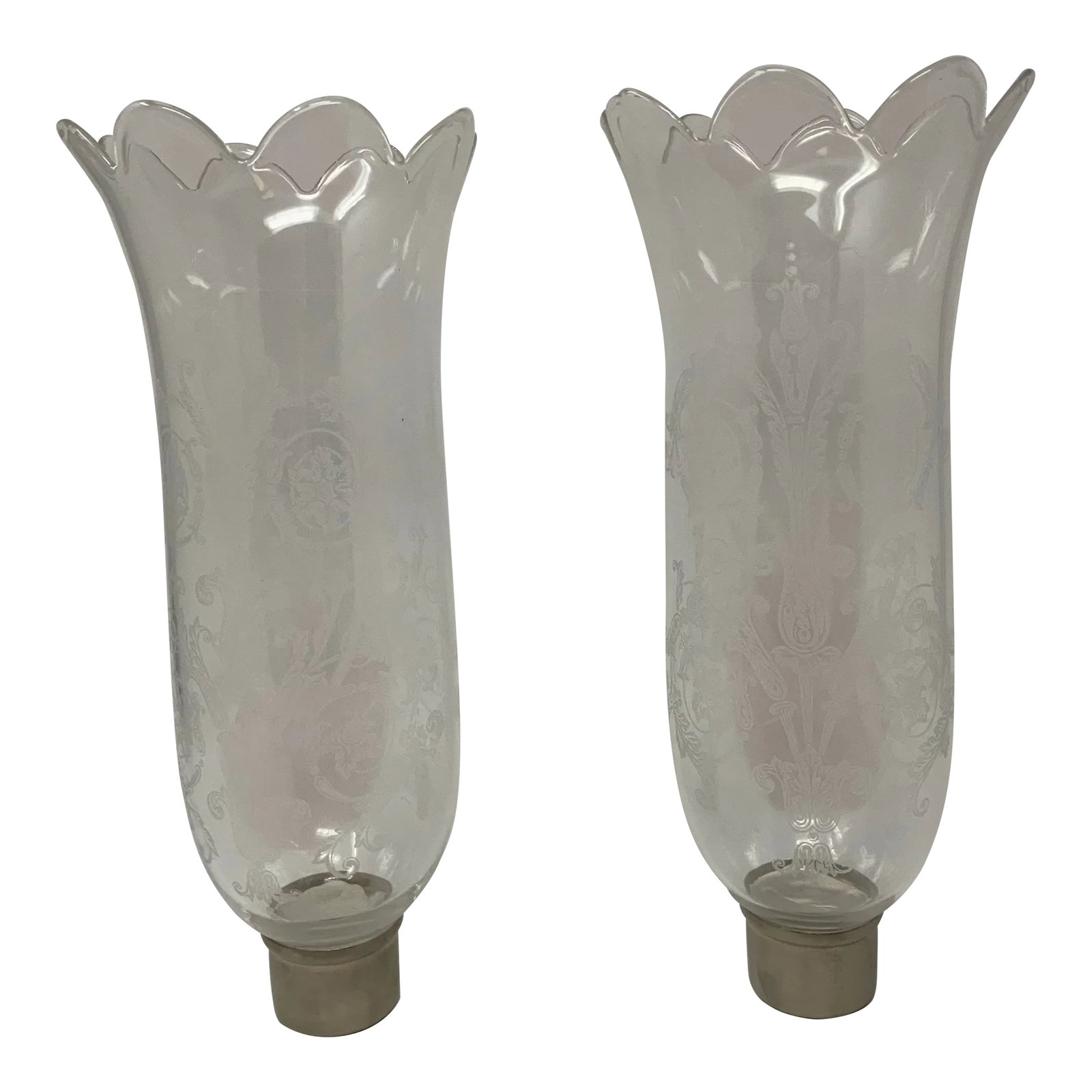 2000s Baccarat Tulip Crystal Hurricanes With Scalloped Rim, Acanthus Pattern- a Pair: These Baccarat crystal hurricanes are elegant and in excellent condition. 10" tall to top of scallop rim, silver base is 1.25" tall x 1.5" wide. Handmade in France. Condition: Alterations: Original