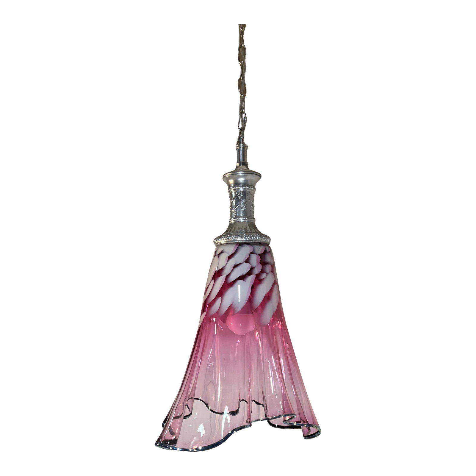 Large Fazzoletto Art Glass Raspberry Pink White Oval Pattern Pendant Light Signed: This impressive one"‘of"‘a"‘kind pendant light stands approximately 26 inches tall and nearly as wide, featuring a striking shade of raspberry"‘pink hand"‘blown glass