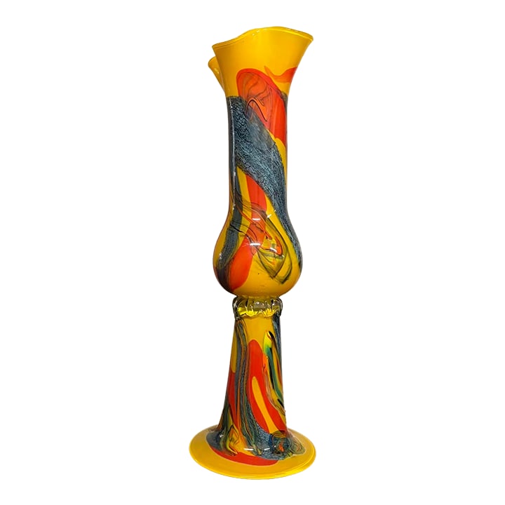 Studio Art Blown Glass Floor Vase - Signed 2003: Striking hand-blown art glass floor vase in a bold, sculptural form with a vibrant yellow ground and swirling ribbons of blue, red, orange, green, and black. The elongated silhouette features a
