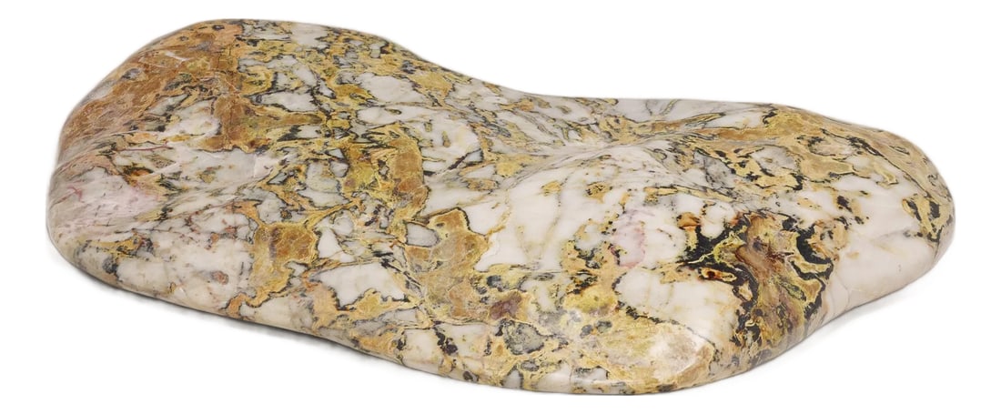 Chinese Meditation Serving Stone: Sourced from ChinaÂ’s Jiangsu province, this meditation stone slab was carefully selected for its biomorphic shape and irregular patterning, its white marble field marked by currents of gre