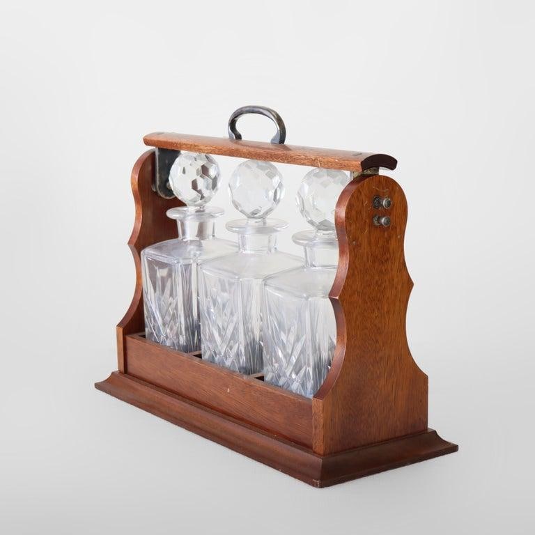 Antique Oak Tantalus With 3-Art Glass Spirit Decanters C1920 - 2