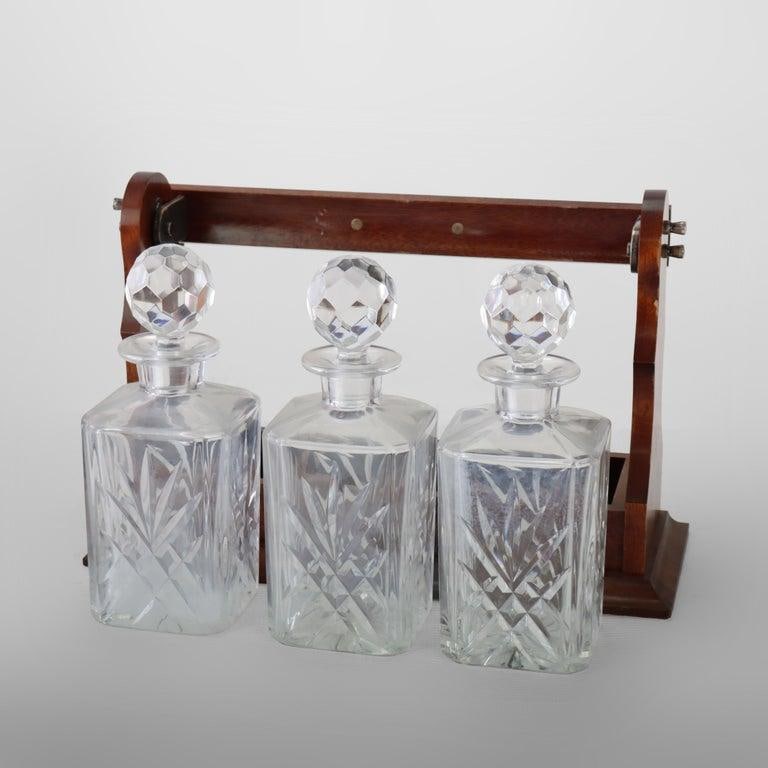 Antique Oak Tantalus With 3-Art Glass Spirit Decanters C1920 - 5