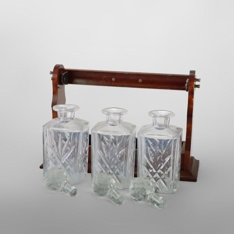 Antique Oak Tantalus With 3-Art Glass Spirit Decanters C1920 - 6