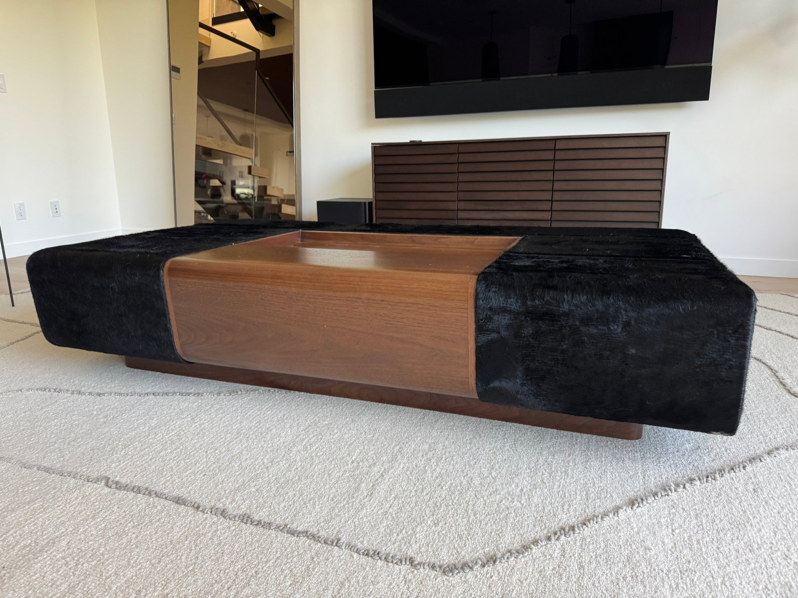 Custom Holly Hunt "Oasis" Cocktail Ottoman in Walnut & Black Hair on Hide Leather - 2