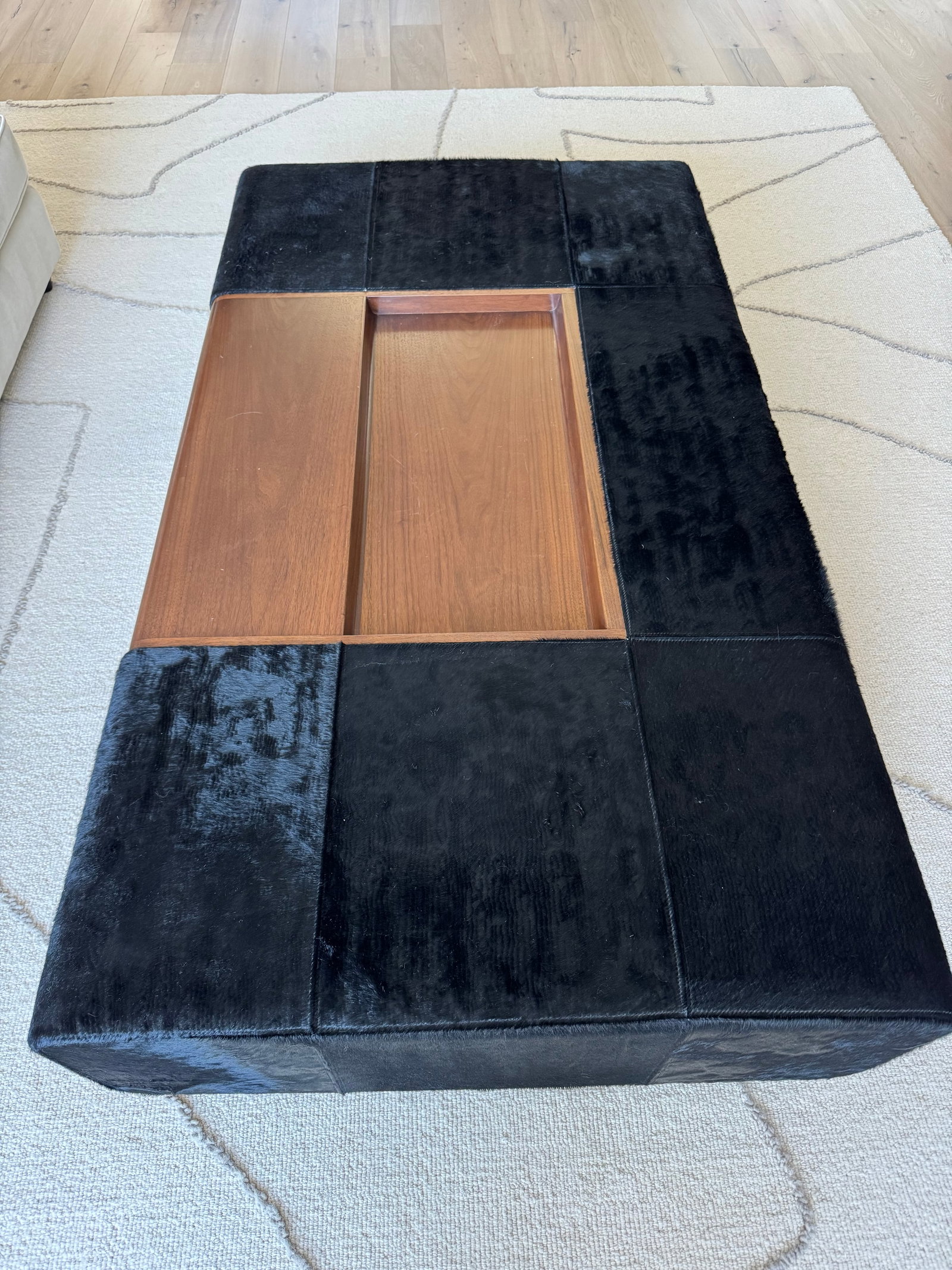 Custom Holly Hunt "Oasis" Cocktail Ottoman in Walnut & Black Hair on Hide Leather - 3