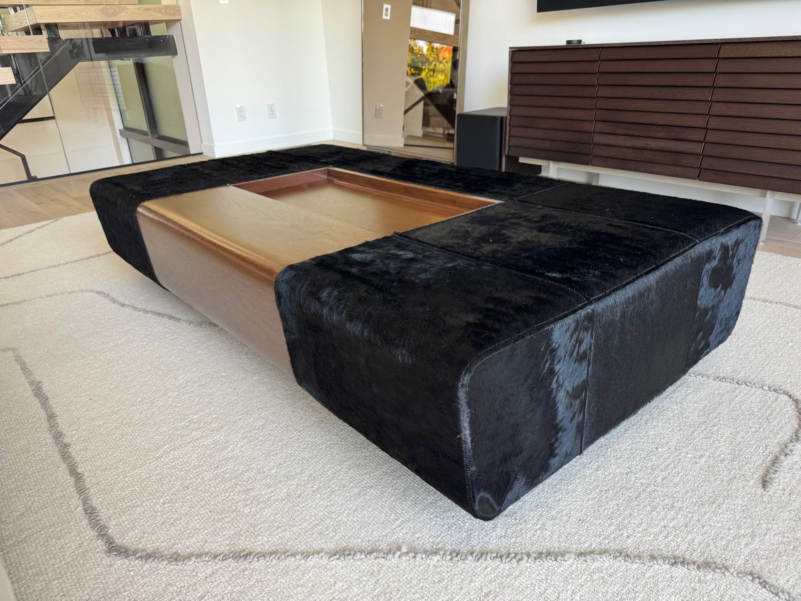 Custom Holly Hunt "Oasis" Cocktail Ottoman in Walnut & Black Hair on Hide Leather - 5