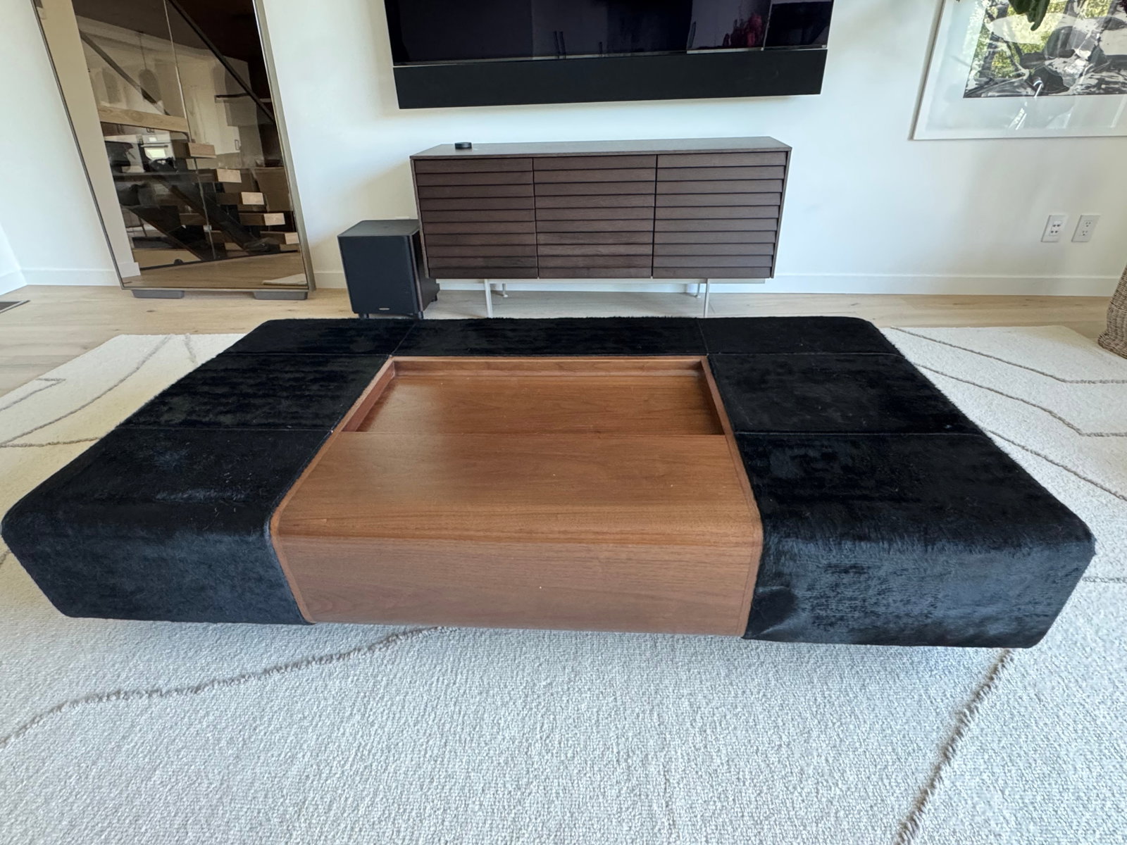 Custom Holly Hunt "Oasis" Cocktail Ottoman in Walnut & Black Hair on Hide Leather - 6