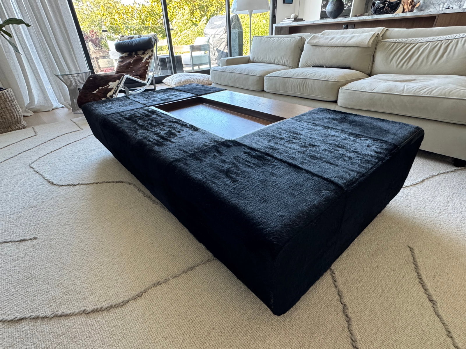 Custom Holly Hunt "Oasis" Cocktail Ottoman in Walnut & Black Hair on Hide Leather - 7