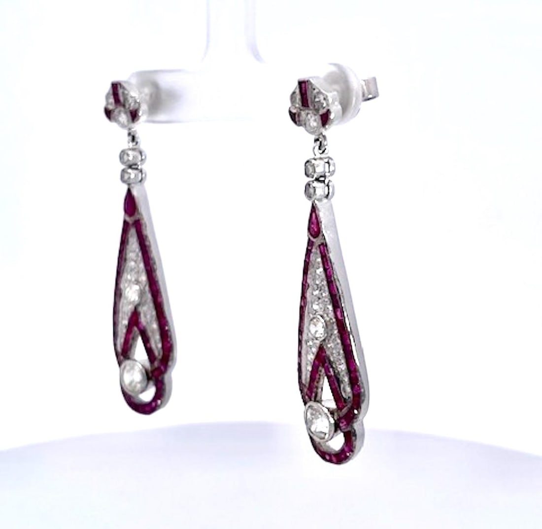 1990s Pair of Art Deco 18k White Gold Ruby Diamond Drop Earrings, 2" Length - 11