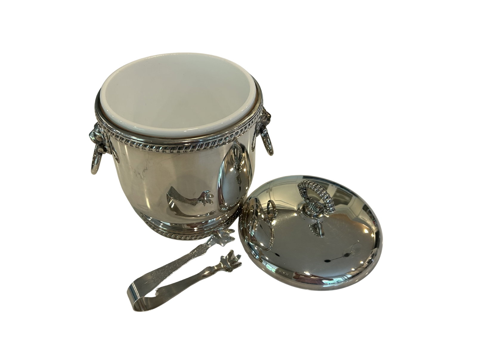 Vintage the Sheffield Silver Co. Silver-Plated Ice Bucket With Lion Head Handles, Milk Glass Liner & - 10