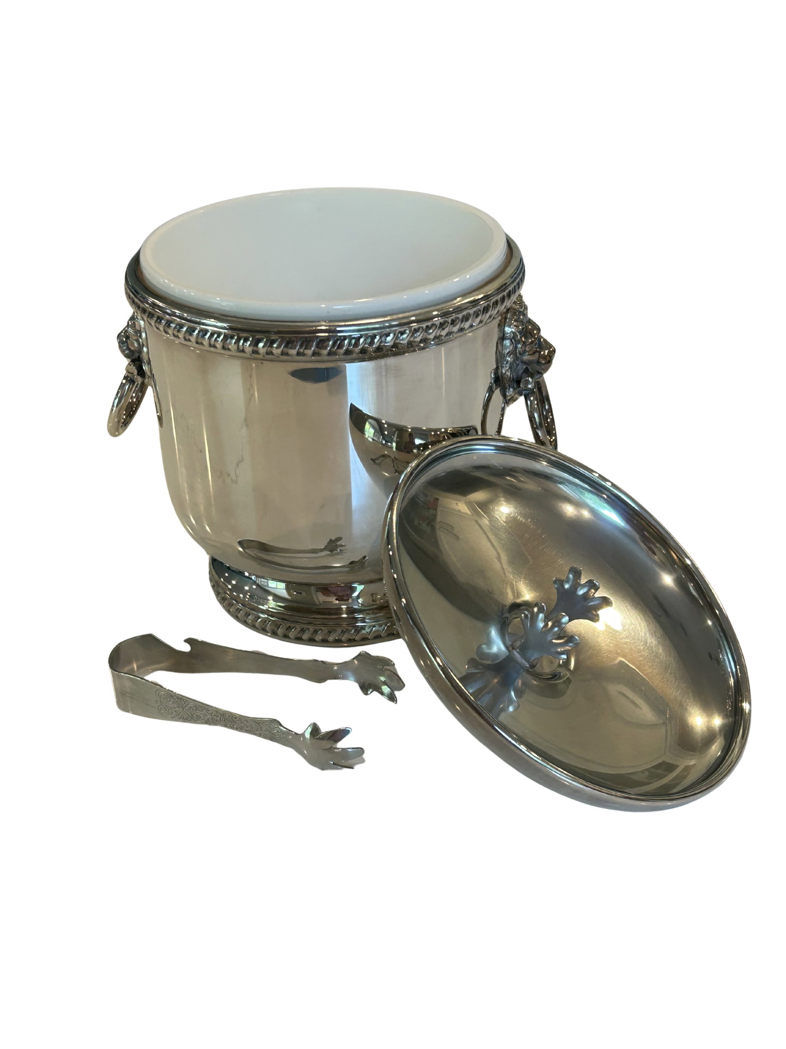 Vintage the Sheffield Silver Co. Silver-Plated Ice Bucket With Lion Head Handles, Milk Glass Liner & - 12