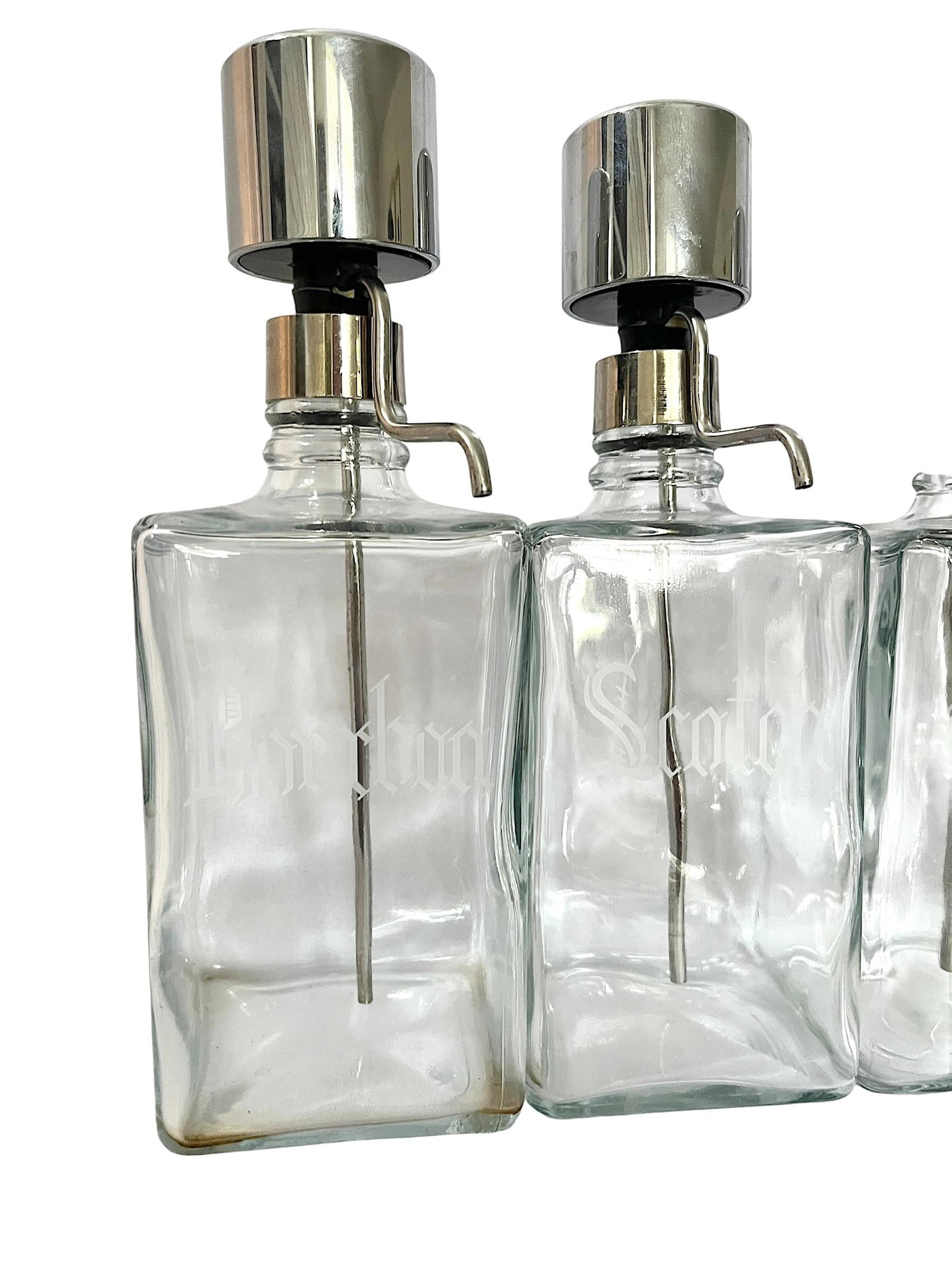 Vintage Mid-Century Etched Glass & Chrome Liquor Dispenser Bar Bottles "” Set of 6 - 10