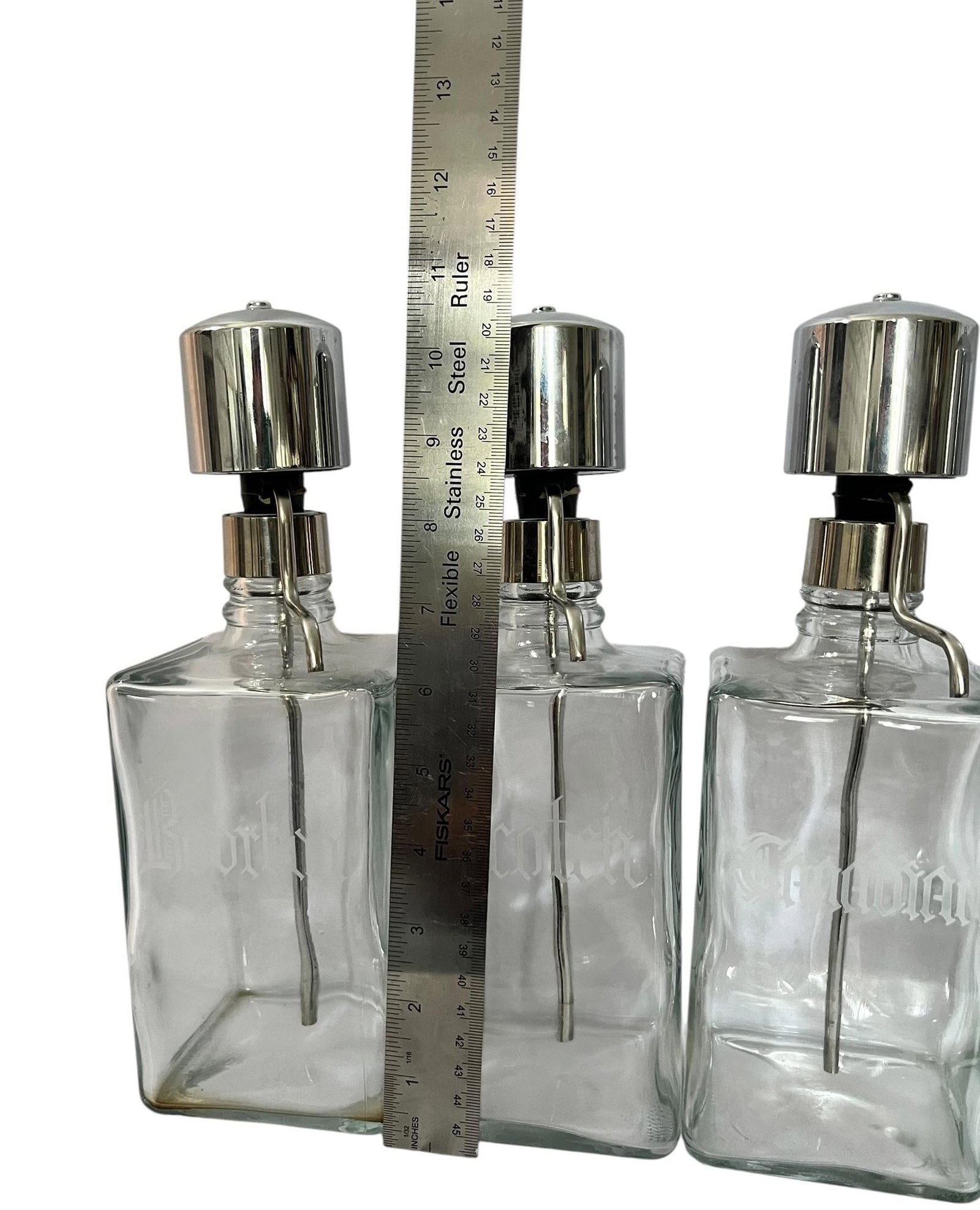 Vintage Mid-Century Etched Glass & Chrome Liquor Dispenser Bar Bottles "” Set of 6 - 11