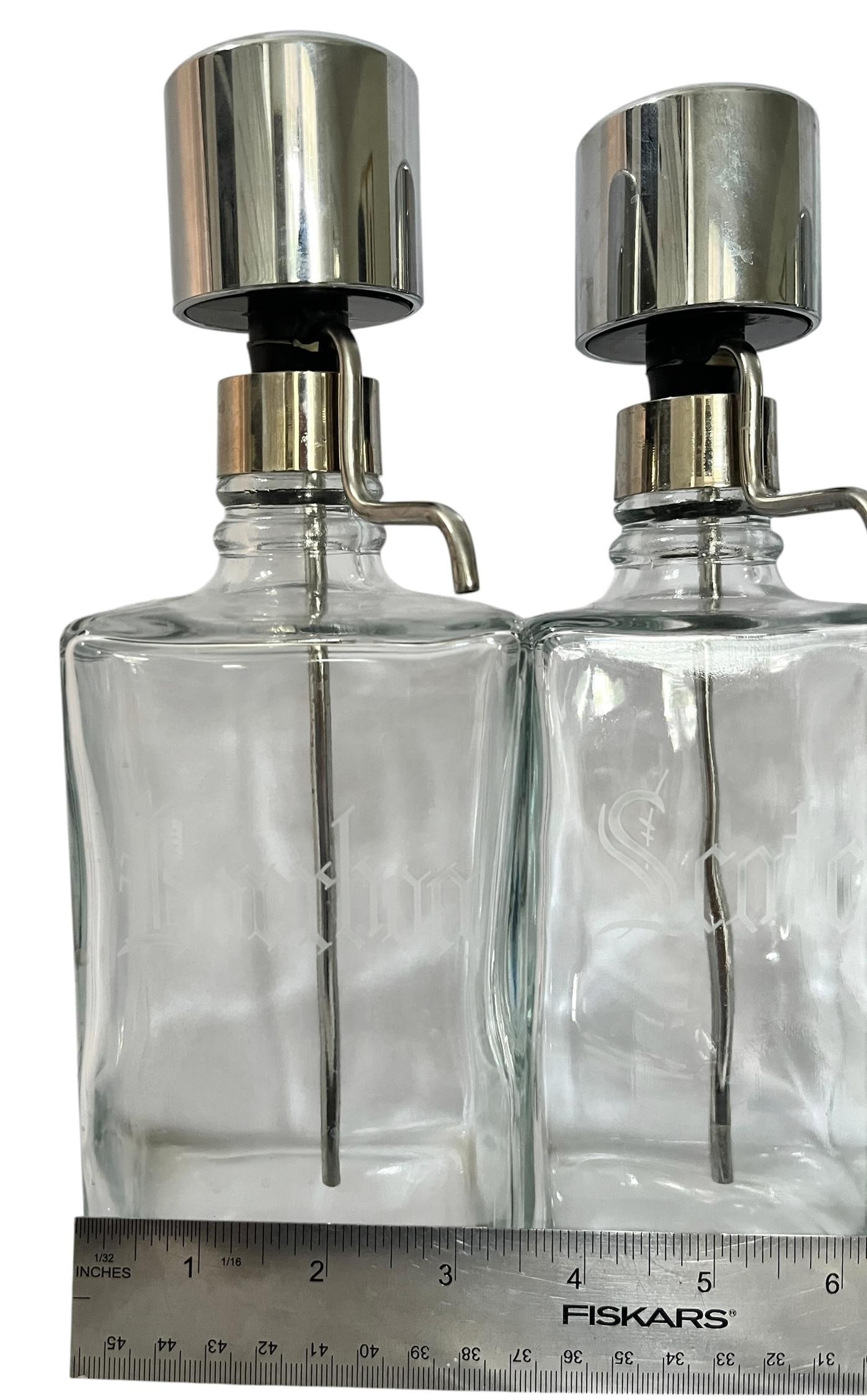 Vintage Mid-Century Etched Glass & Chrome Liquor Dispenser Bar Bottles "” Set of 6 - 12