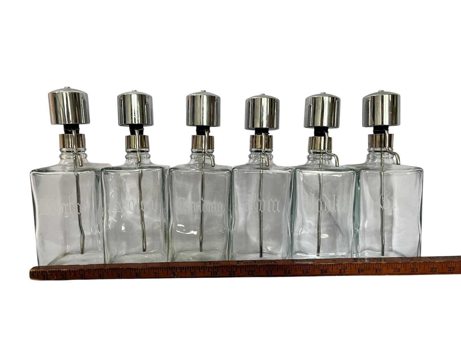 Vintage Mid-Century Etched Glass & Chrome Liquor Dispenser Bar Bottles "” Set of 6 - 13