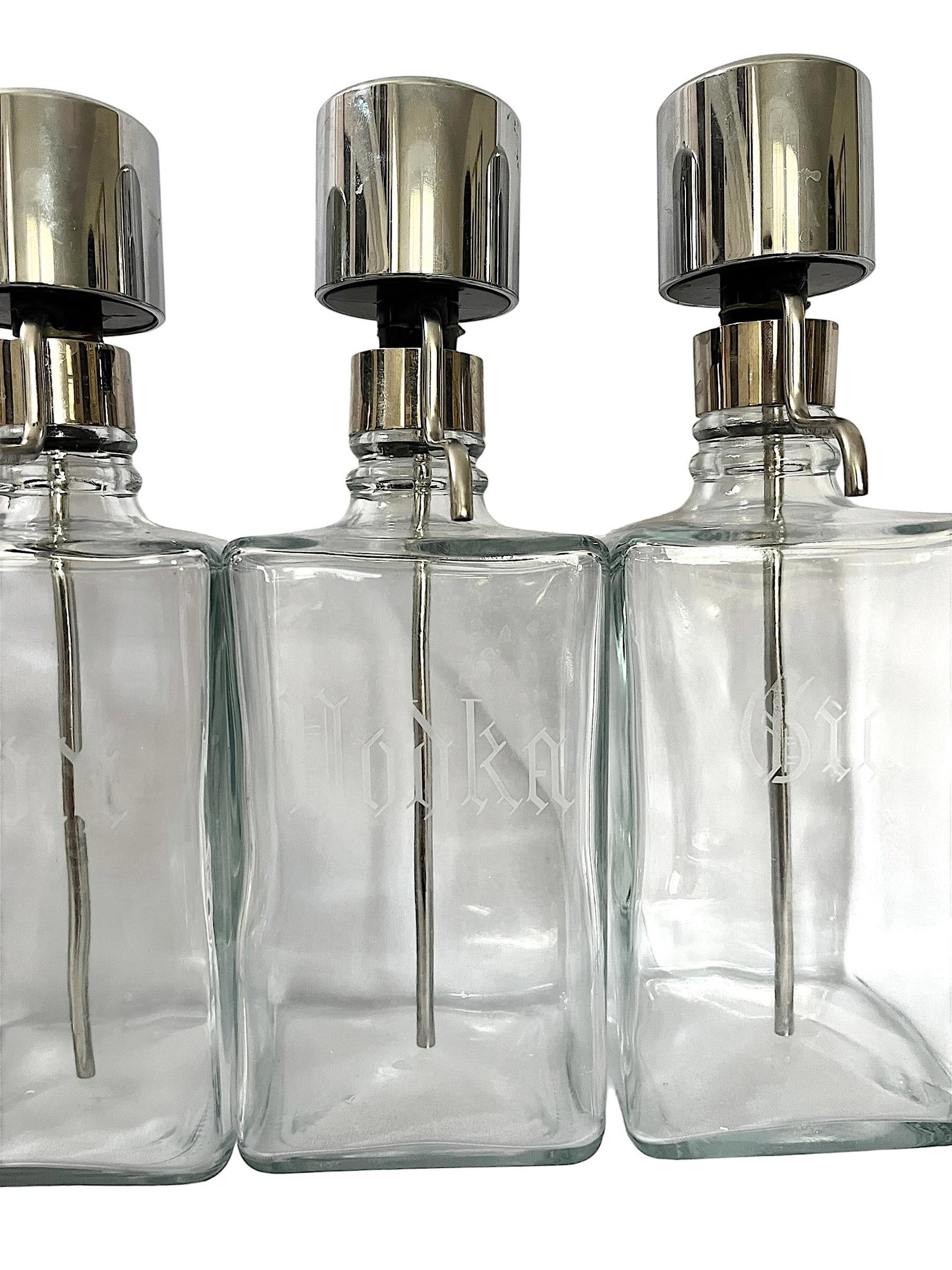 Vintage Mid-Century Etched Glass & Chrome Liquor Dispenser Bar Bottles "” Set of 6 - 6