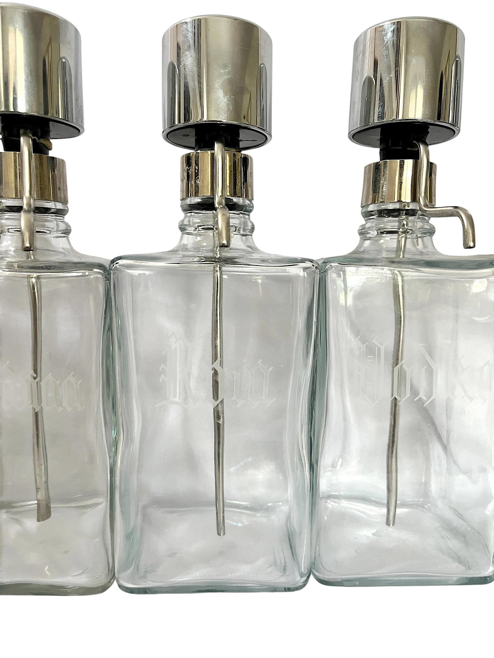 Vintage Mid-Century Etched Glass & Chrome Liquor Dispenser Bar Bottles "” Set of 6 - 8