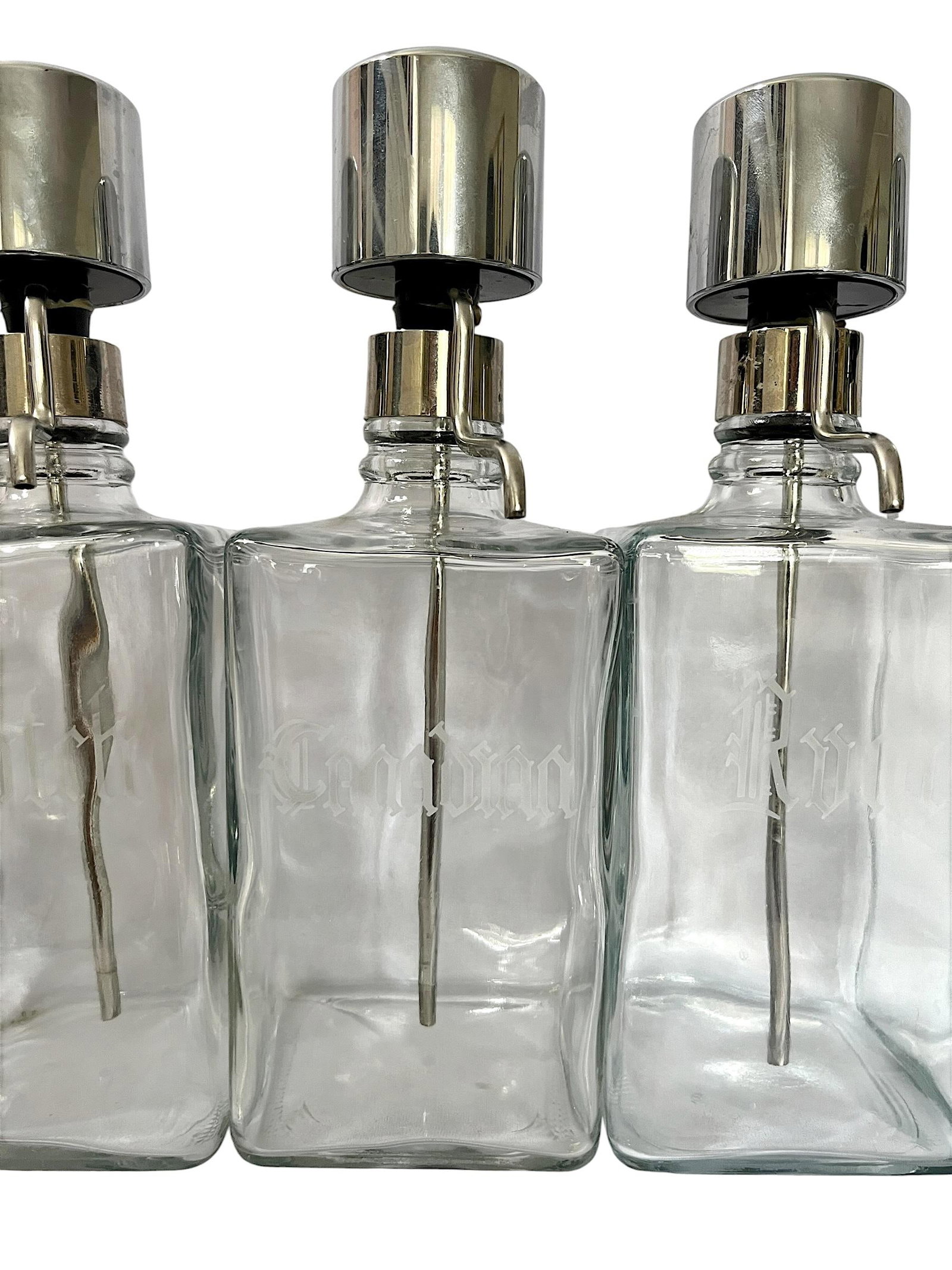 Vintage Mid-Century Etched Glass & Chrome Liquor Dispenser Bar Bottles "” Set of 6 - 9