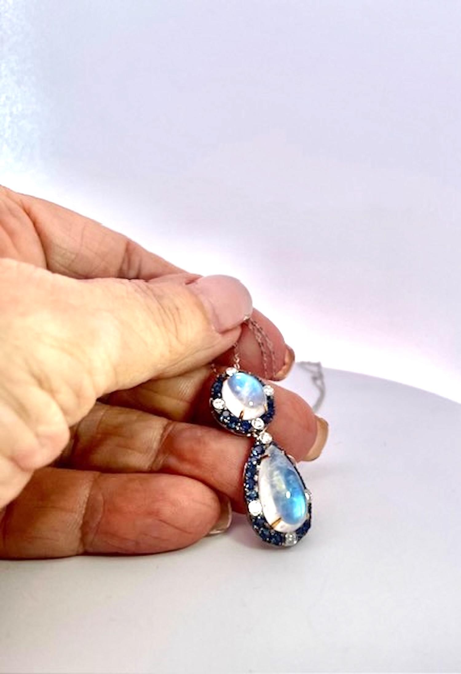 Double Drop Moonstone Pendant W/Diamonds and Sapphires 18k - 10
