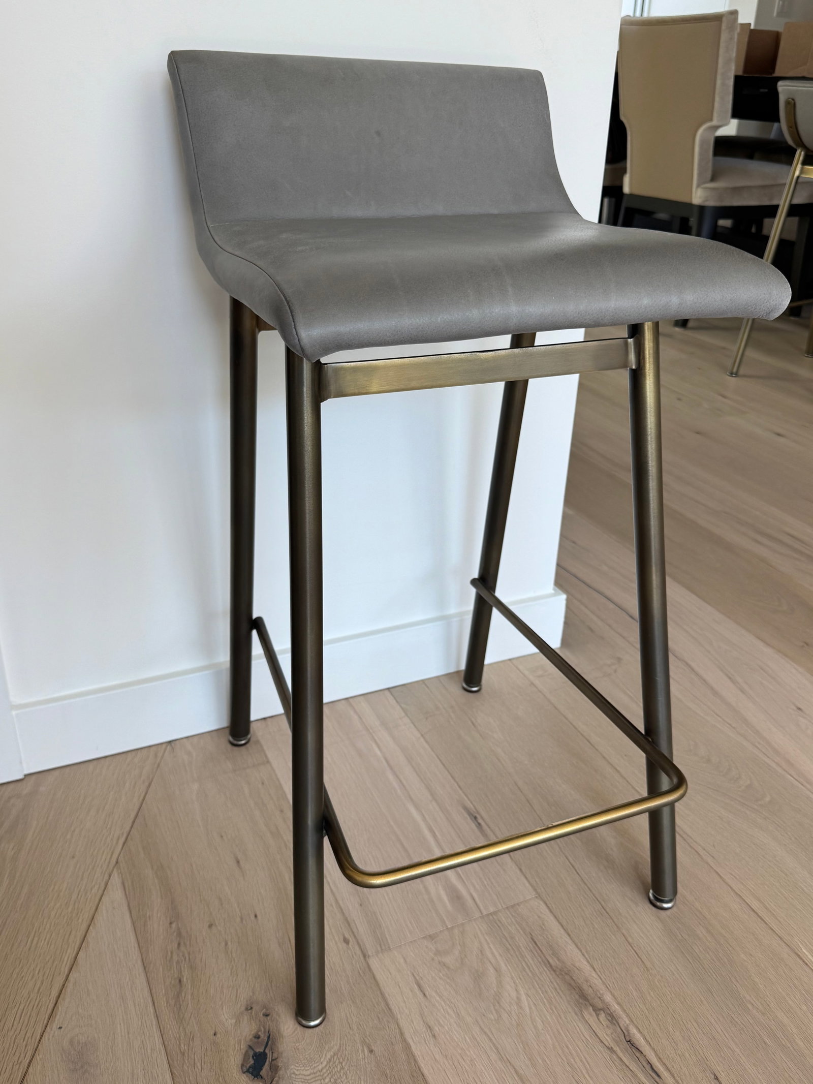 Set of 3 Thomas Hayes Custom "Gachot" Stools in Grey Leather and Rubbed Brass - 2