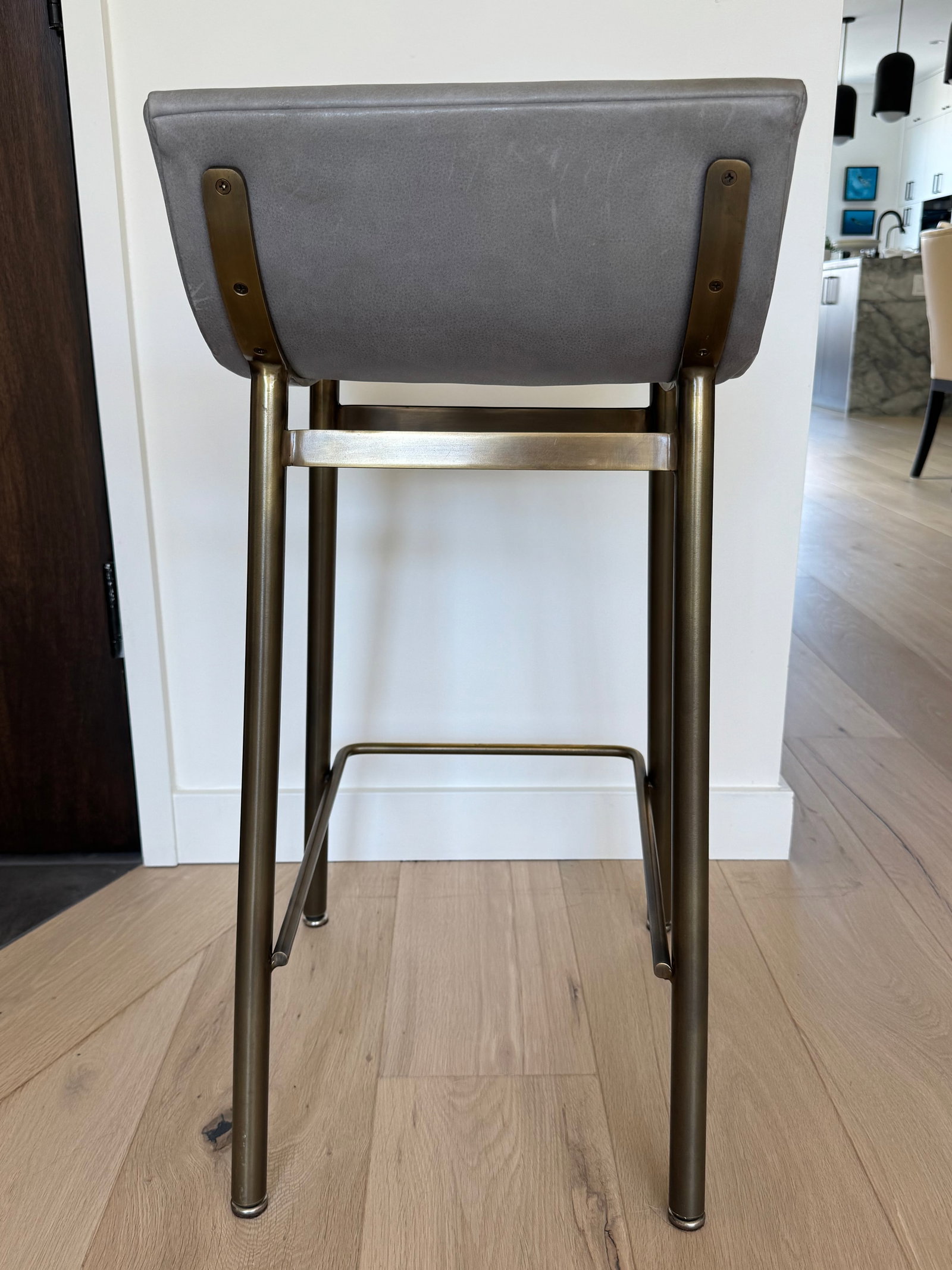 Set of 3 Thomas Hayes Custom "Gachot" Stools in Grey Leather and Rubbed Brass - 3