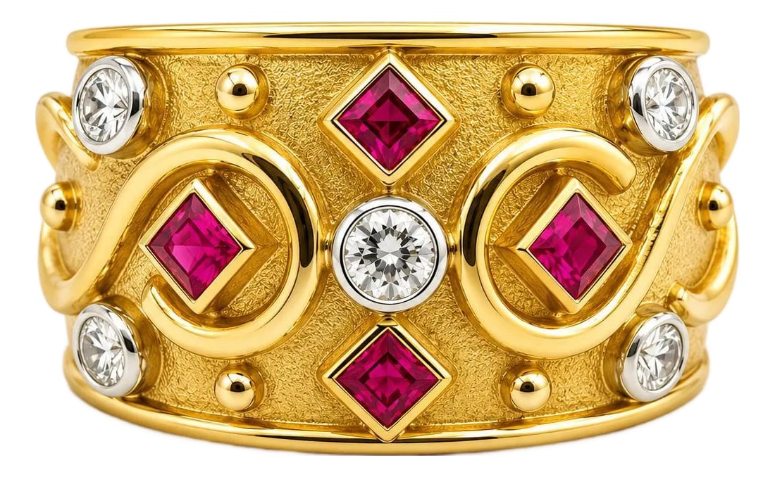 Keith Davis Ruby Ring, Size 7.5: 18k Hand fabricated yellow gold Etruscan style gold ring featuring 4 square cut fine rubies weighing 1.00 carat and five round brilliant diamonds weighing 0.22 carats. Total weight 12.04 grams. Hand