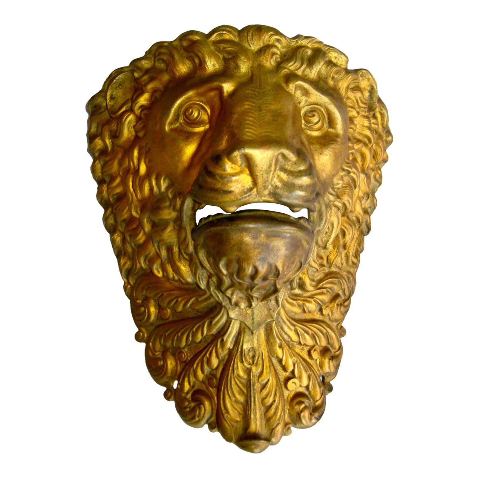Mid 19th Century French Napoleon III Lion Head Pool Table Ornement: This stunning and large Lion head in brass was at once an ornement of a pool table on one of the four corners ,.The ball would fall and open the mouth so the player could take it back .The splendid