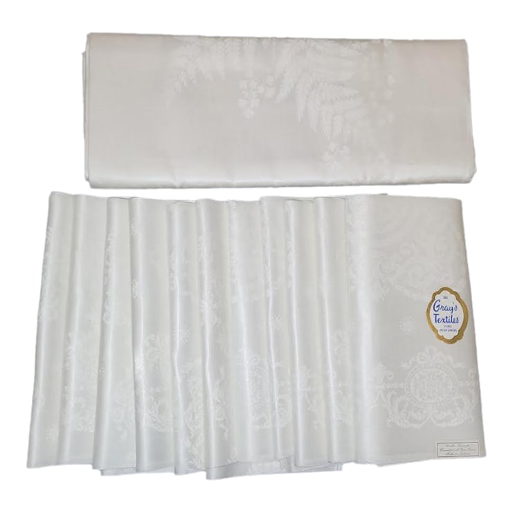 Vintage Grey's Textiles Pure Irish Linens Tablecloth 11 Napkins Factory Condition: Received as a wedding gift in the 60's, this set still remains unused & is in factory condition with labels still affixed. The company is Grey's Textiles who specialized in Pure Irish Linens. They