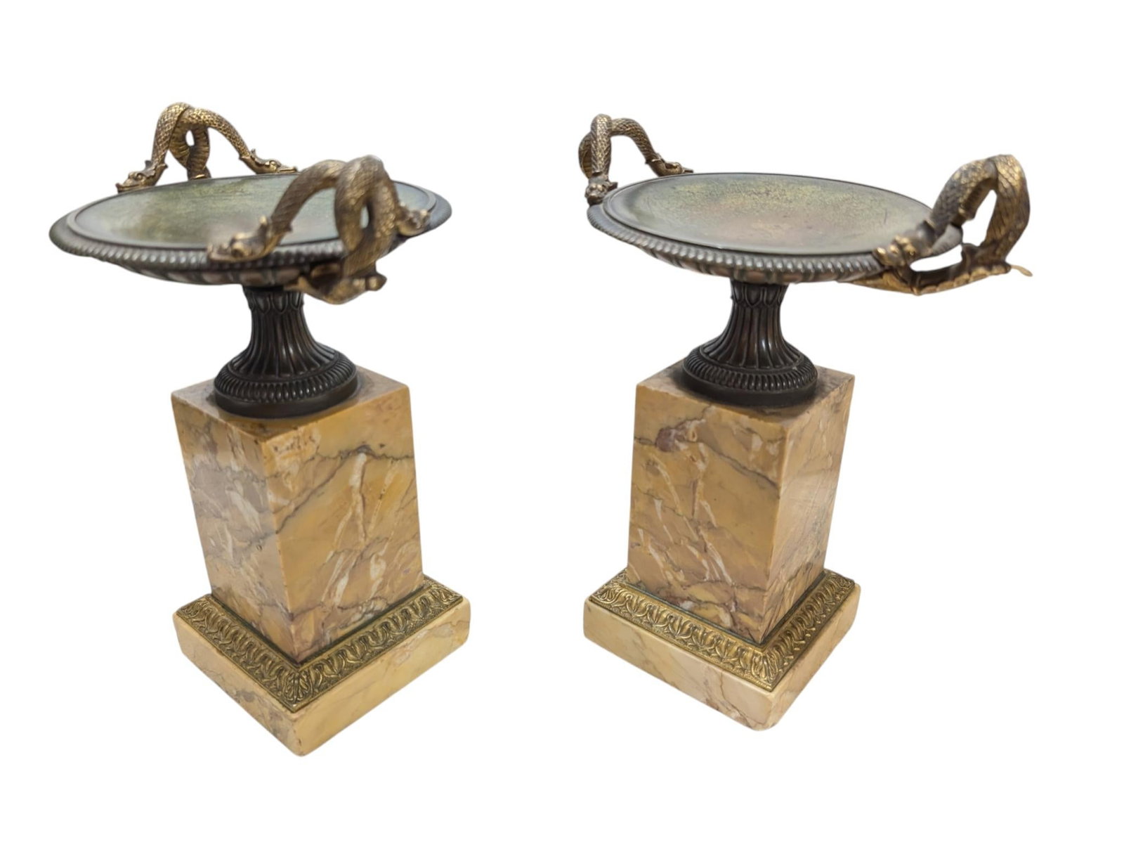 Pair of 19th-Century Bronze Tazzas Featuring Gilt Snake Handles and Siena Marble Stands - 5
