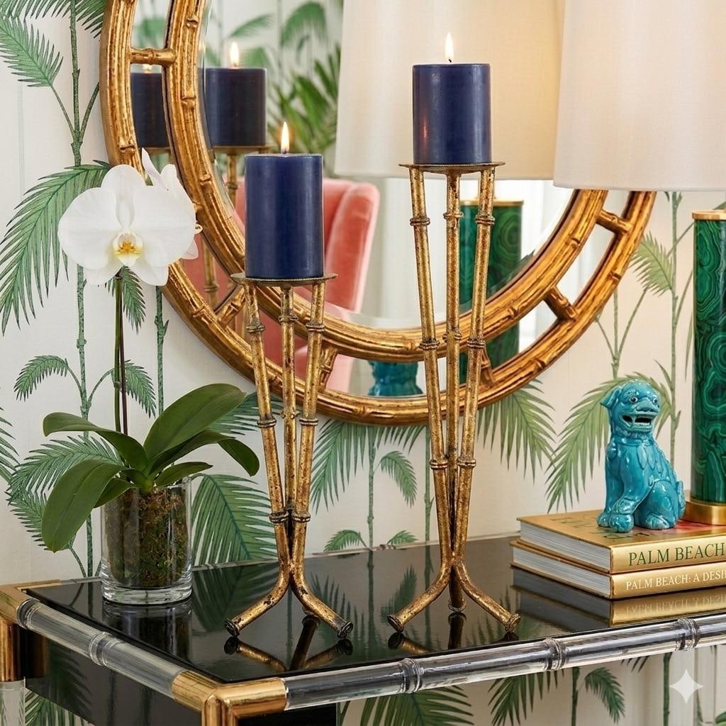 Mid 20th Century Gilt Faux Bamboo Tole Candlesticks by Turtle and Crane - 2