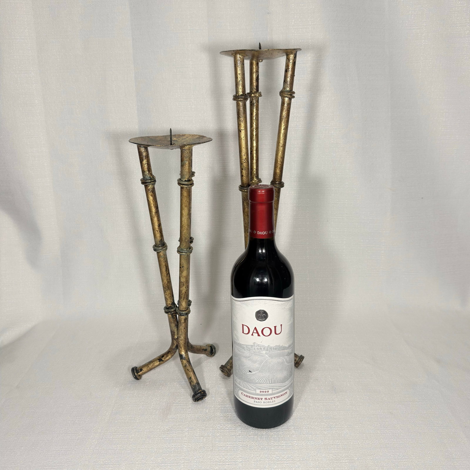Mid 20th Century Gilt Faux Bamboo Tole Candlesticks by Turtle and Crane - 3