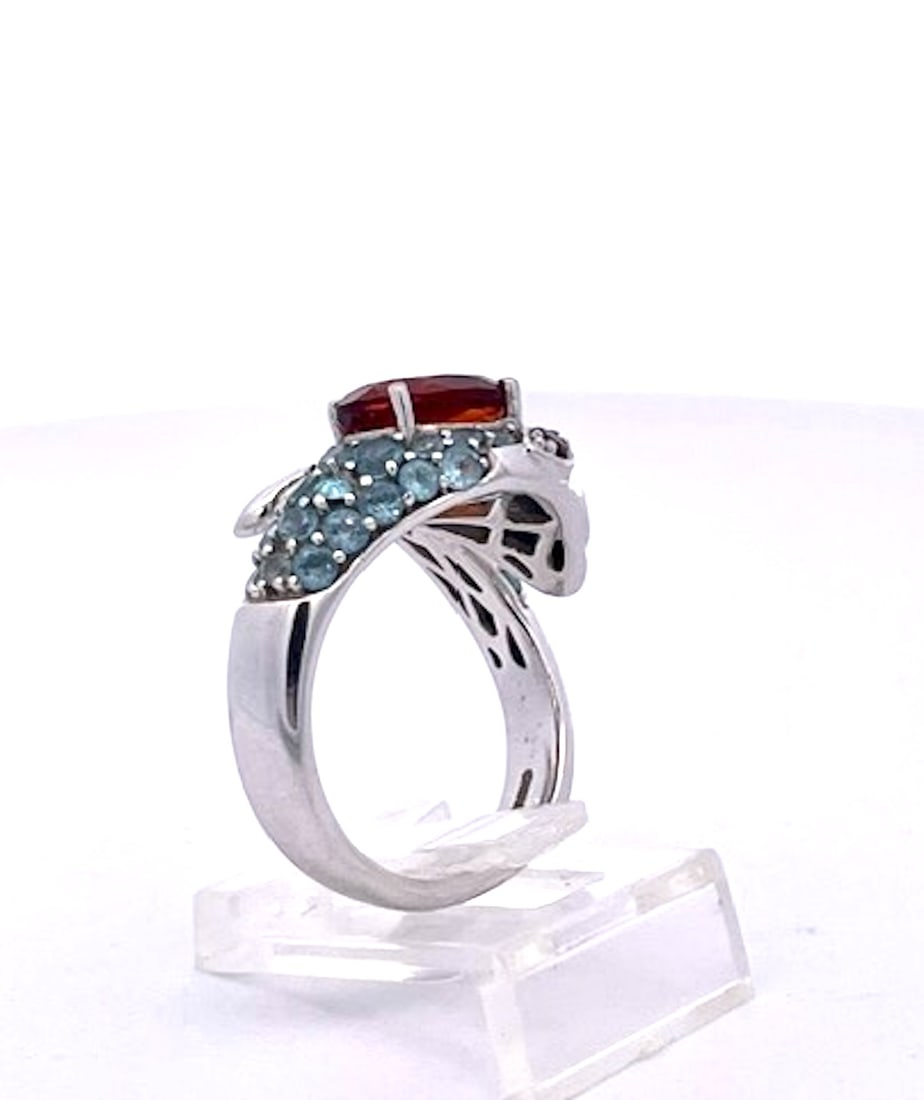 1970s Polished 14k White Gold Garnet and Ruby Cocktail Ring With Blue Topaz, Size 5 - 2