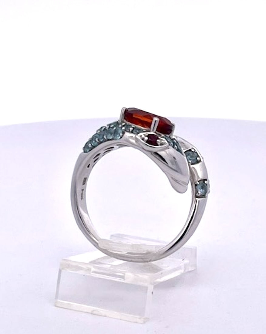 1970s Polished 14k White Gold Garnet and Ruby Cocktail Ring With Blue Topaz, Size 5 - 3
