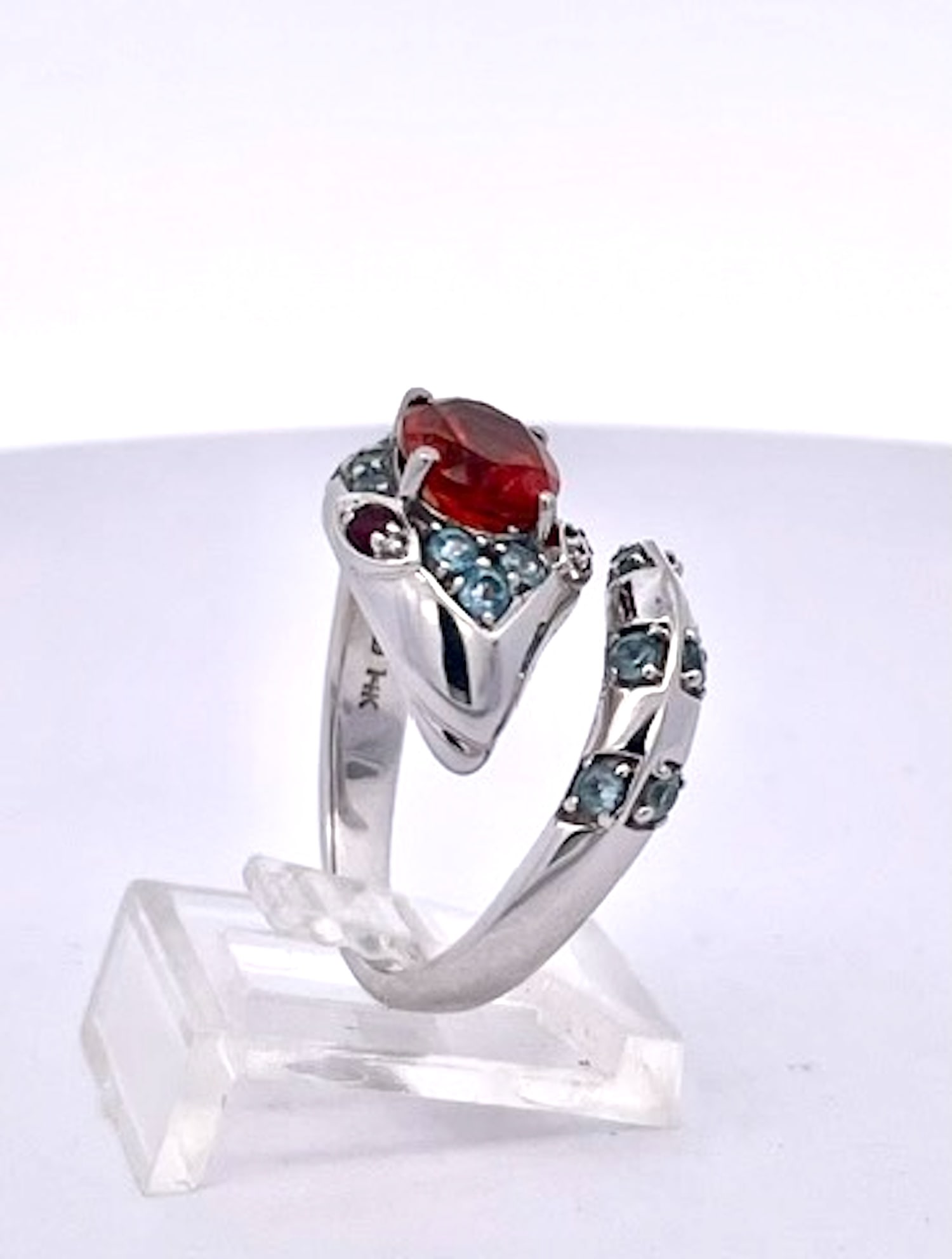 1970s Polished 14k White Gold Garnet and Ruby Cocktail Ring With Blue Topaz, Size 5 - 4