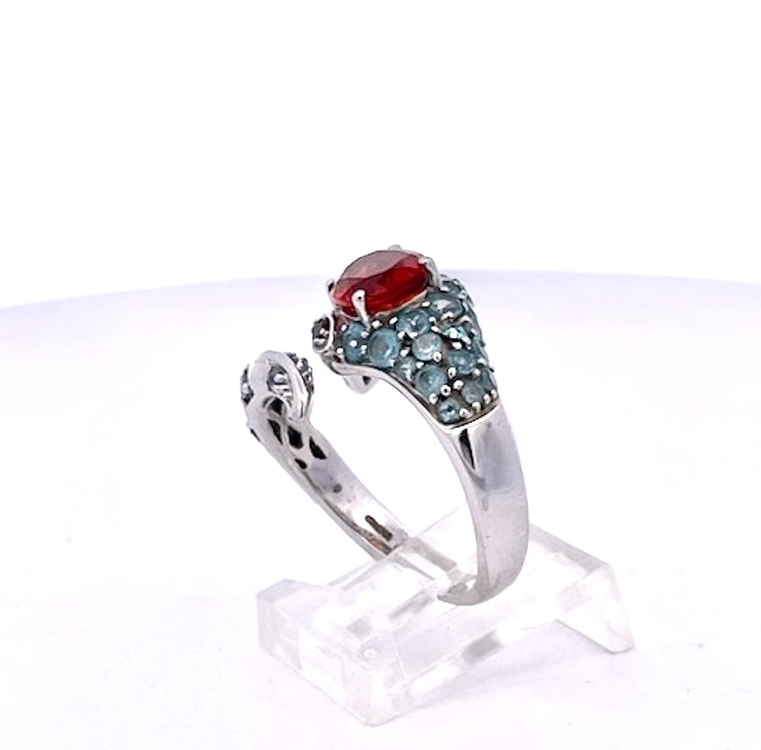 1970s Polished 14k White Gold Garnet and Ruby Cocktail Ring With Blue Topaz, Size 5 - 5