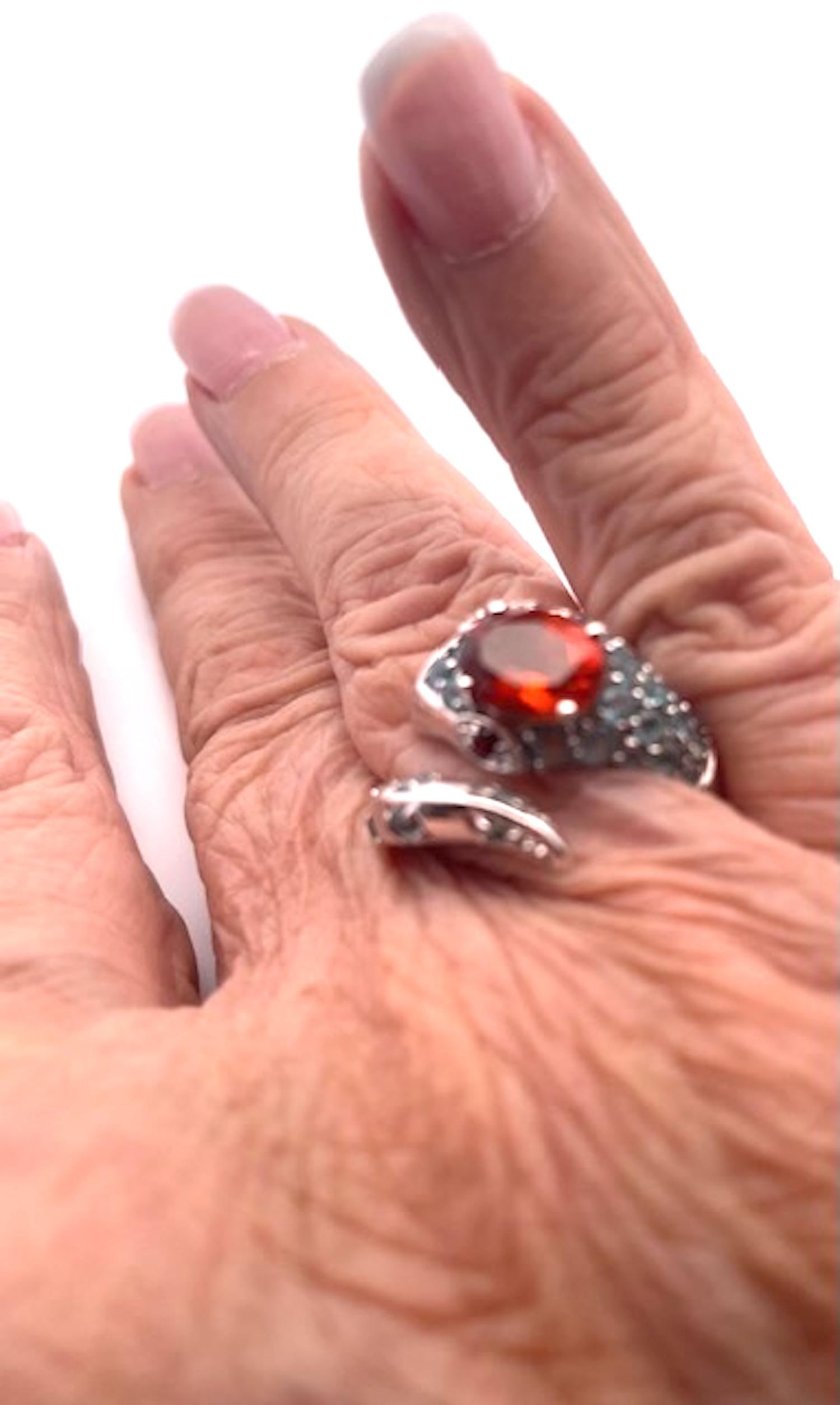 1970s Polished 14k White Gold Garnet and Ruby Cocktail Ring With Blue Topaz, Size 5 - 7