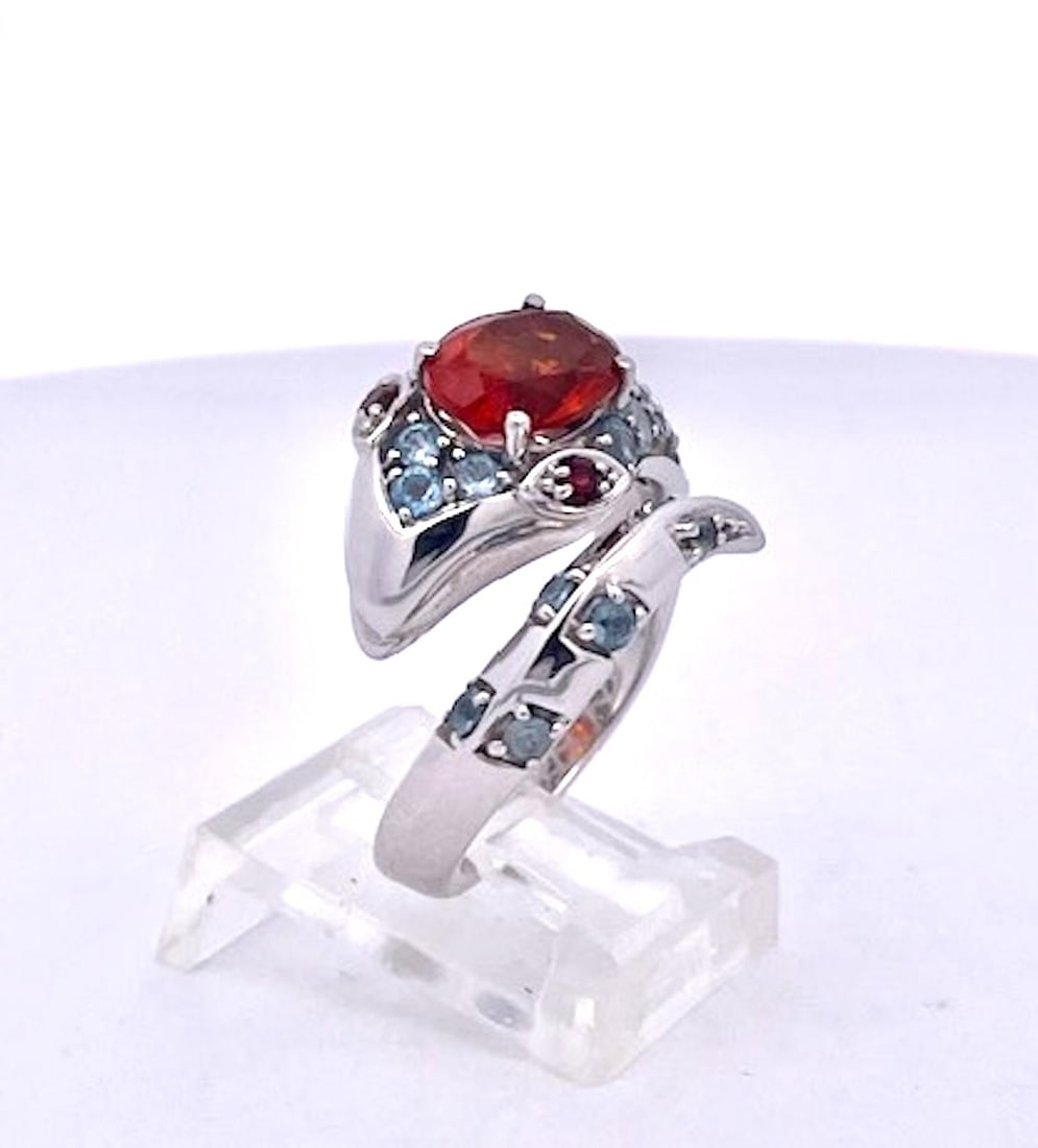 1970s Polished 14k White Gold Garnet and Ruby Cocktail Ring With Blue Topaz, Size 5 - 8
