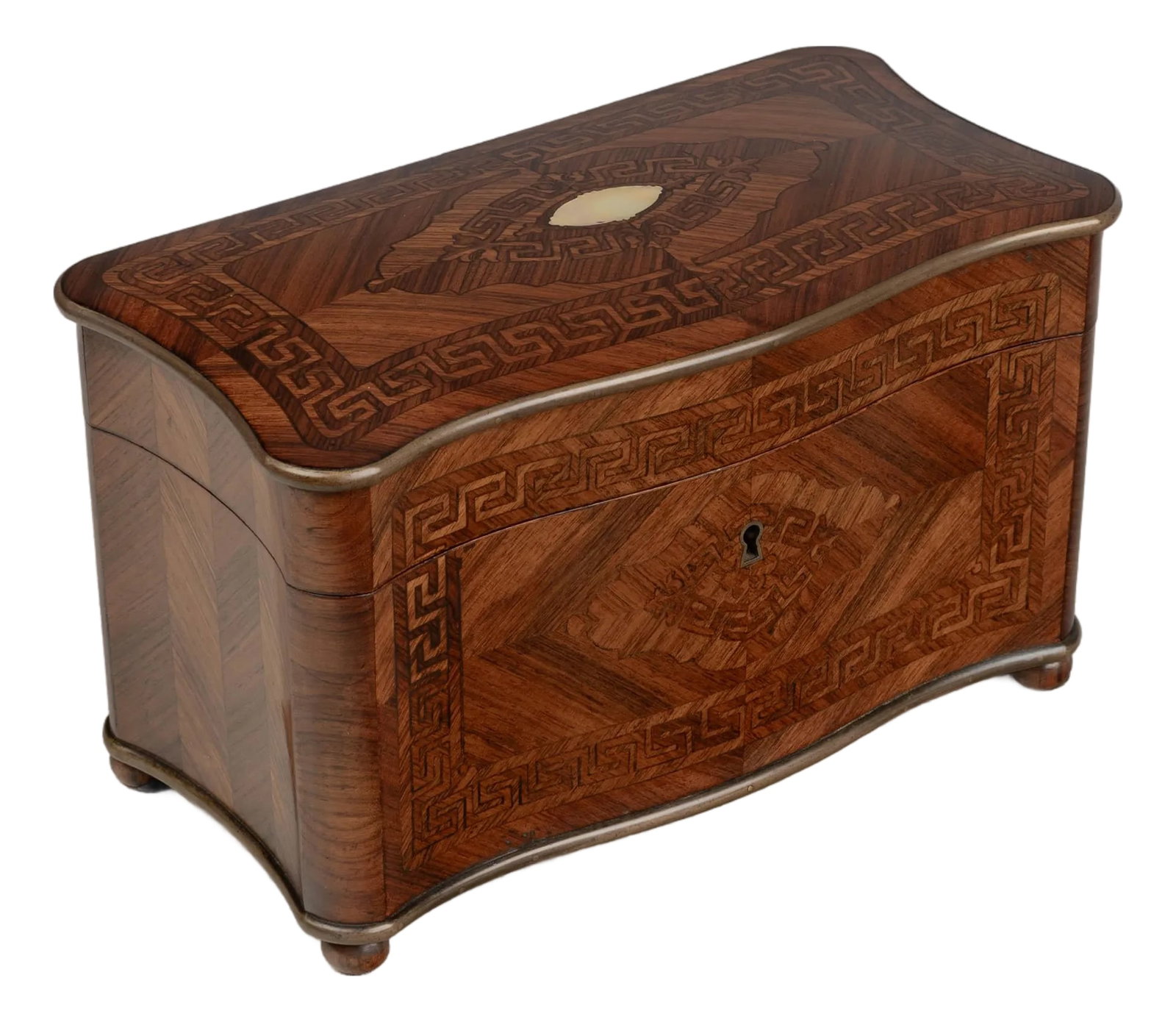 French Napoleon III Marquetry Inlaid Serpentine Form Tea Caddy Circa 1880: A 19th century French Napoleon III marquetry double compartment tea caddy, featuring a serpentine silhouette and parquetry pattern edged with a brass molding. Mahogany veneer with a prominent Greek