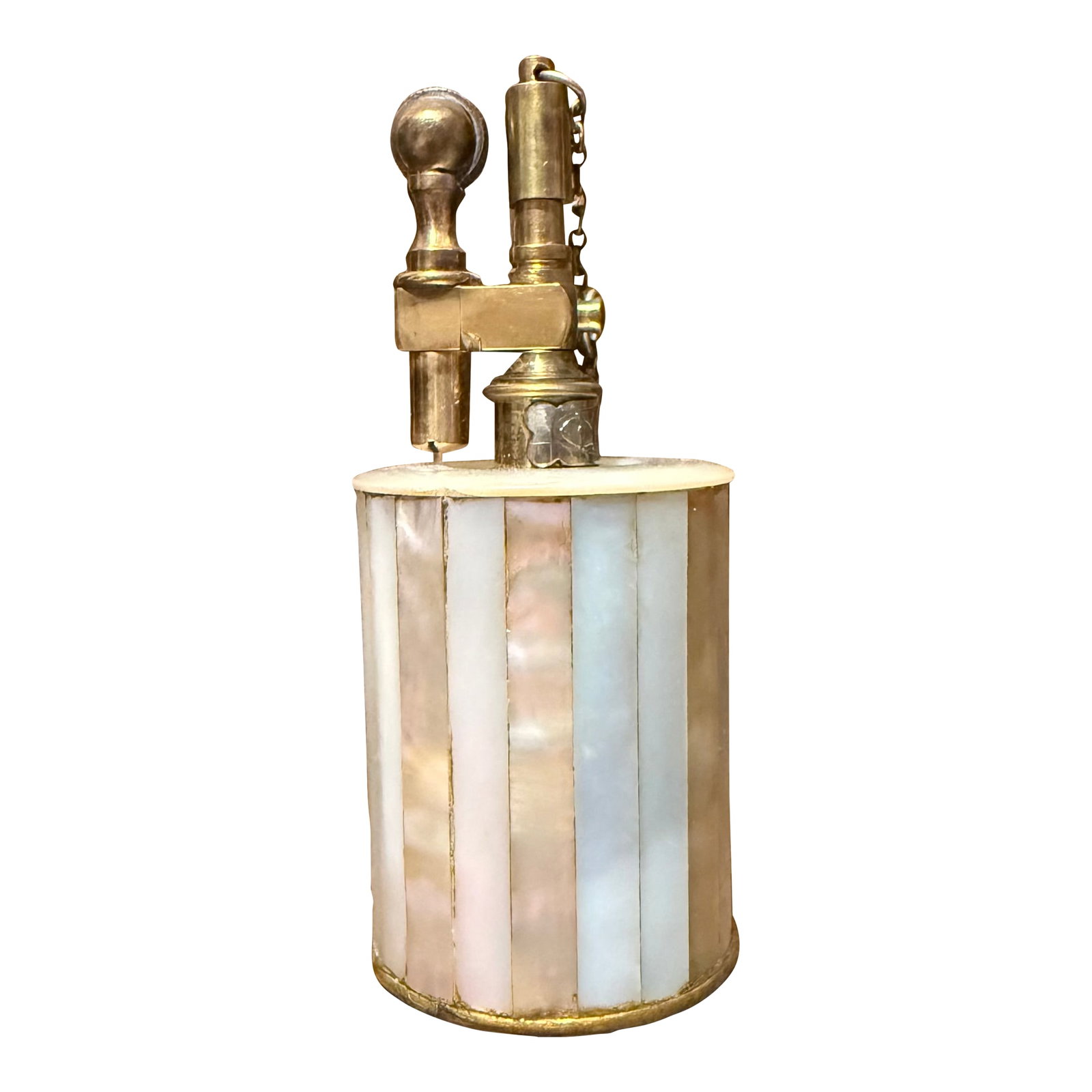Antique Tiffany and Co. Table Lighter: Tiffany & Co. Table Lighter, featuring a stunning mother of pearl iridescent paneled body and heavy brass lift arm components. Made in France. This exquisite collector's piece showcases the elegant