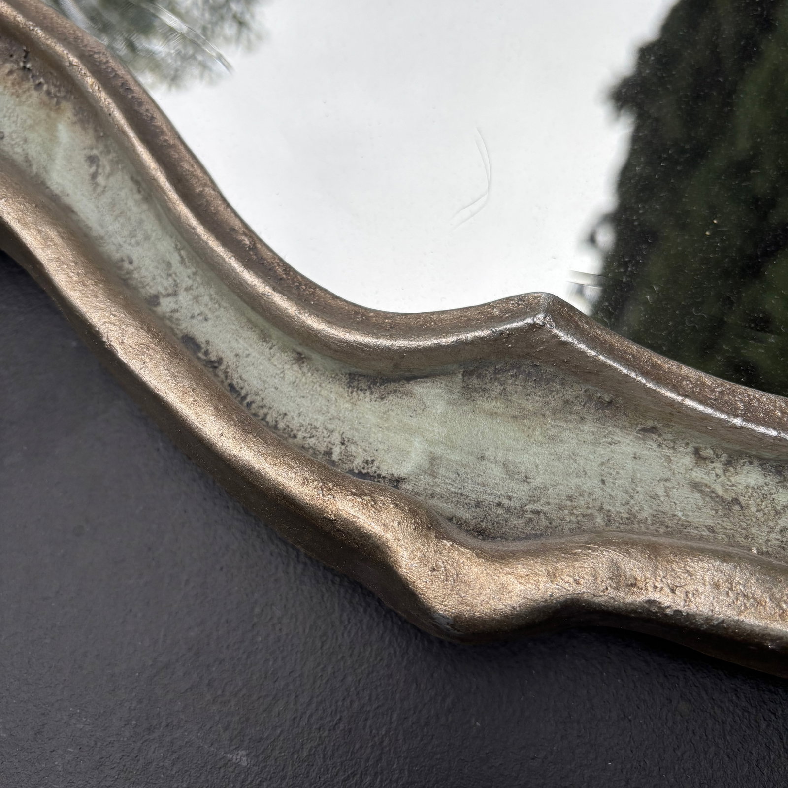 Large Cast Metal Oval Cartouche Mirror,, Silver-Gilt & Celedon - 10